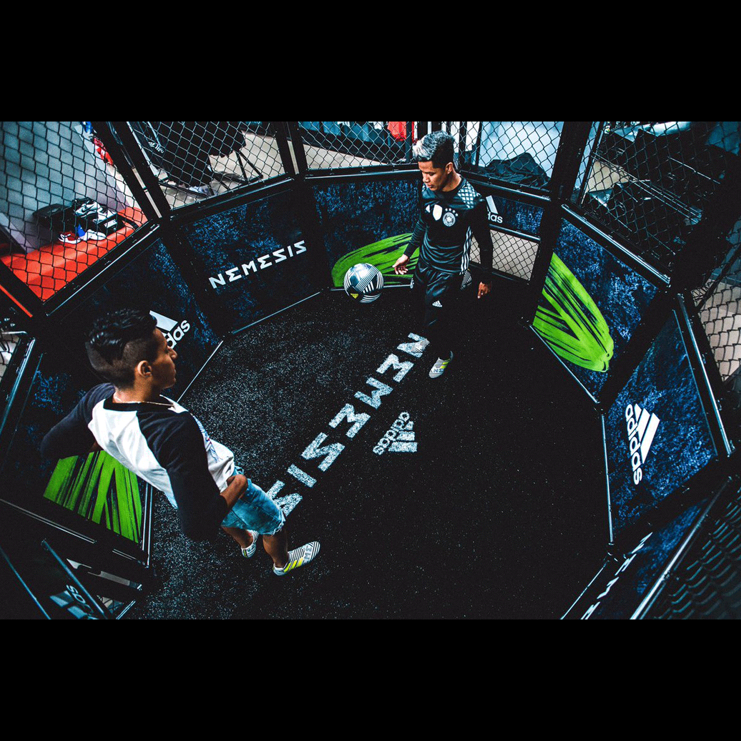 Intu Sports Hub experience featuring adidas Nemesis football cage with interactive freestyle challenge