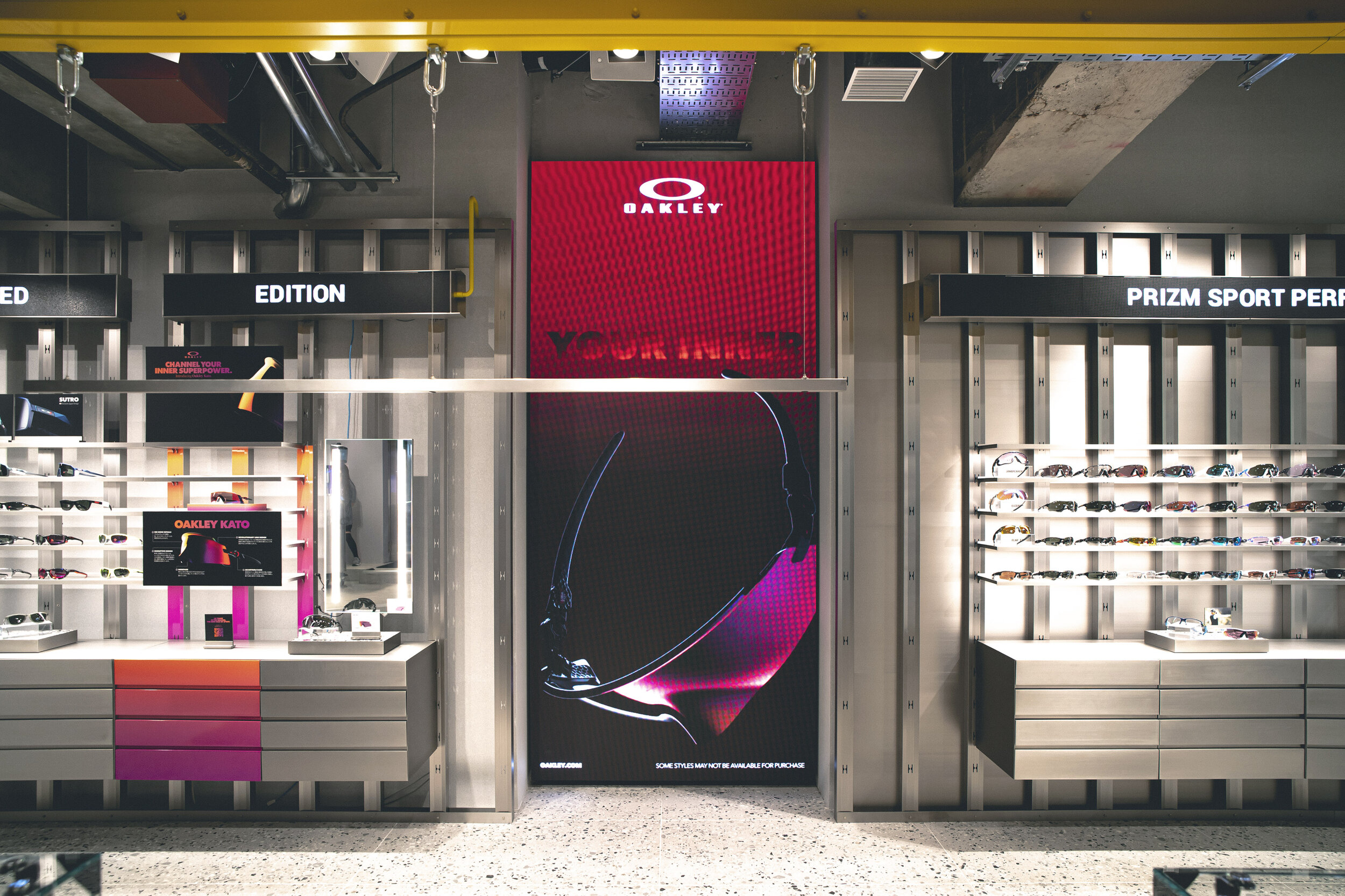 Prizm sport performance eyewear wall display inside Oakley Shibuya flagship store