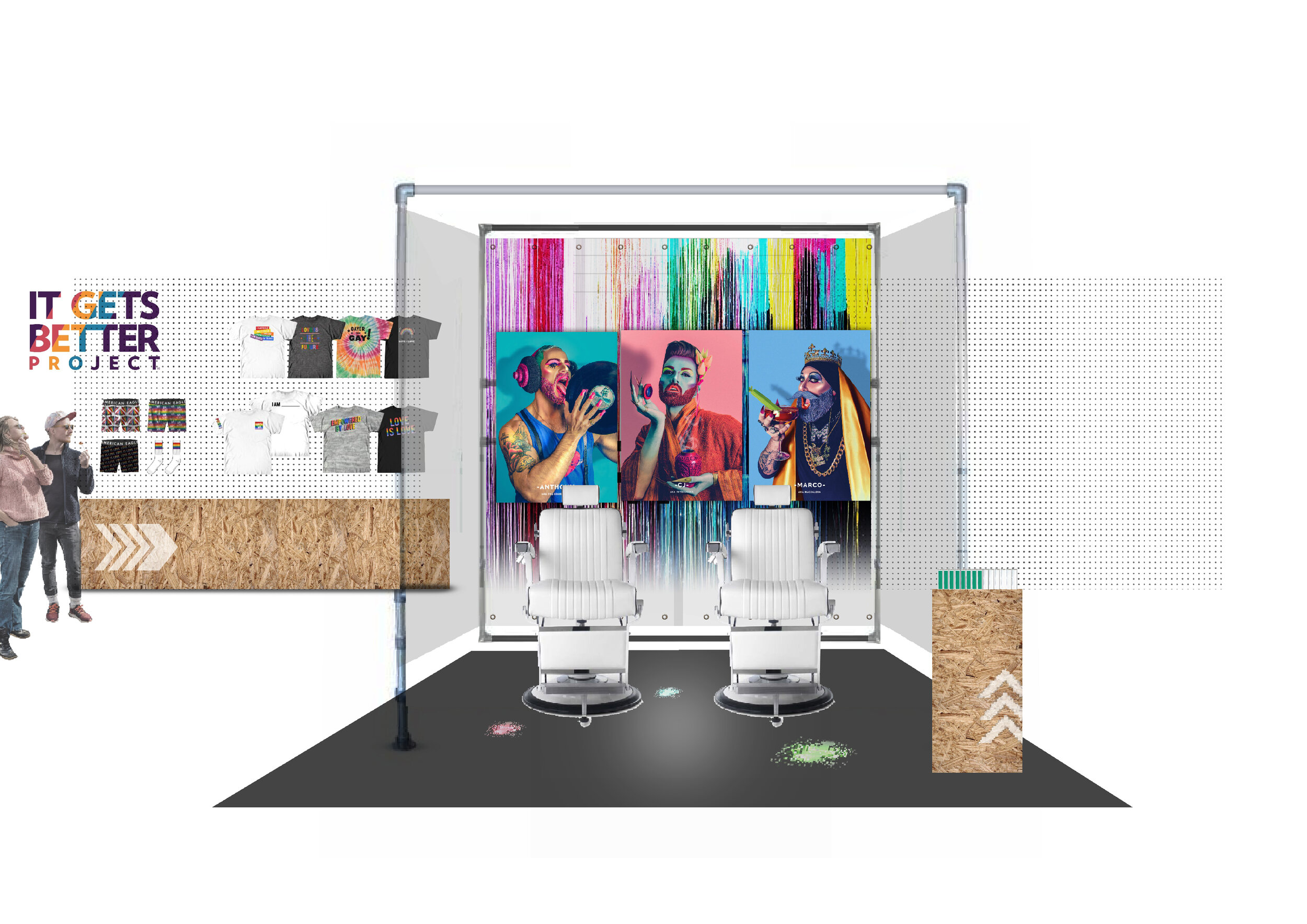 American Eagle Pride pop-up NYC barber activation with Pride-themed portraits and seating