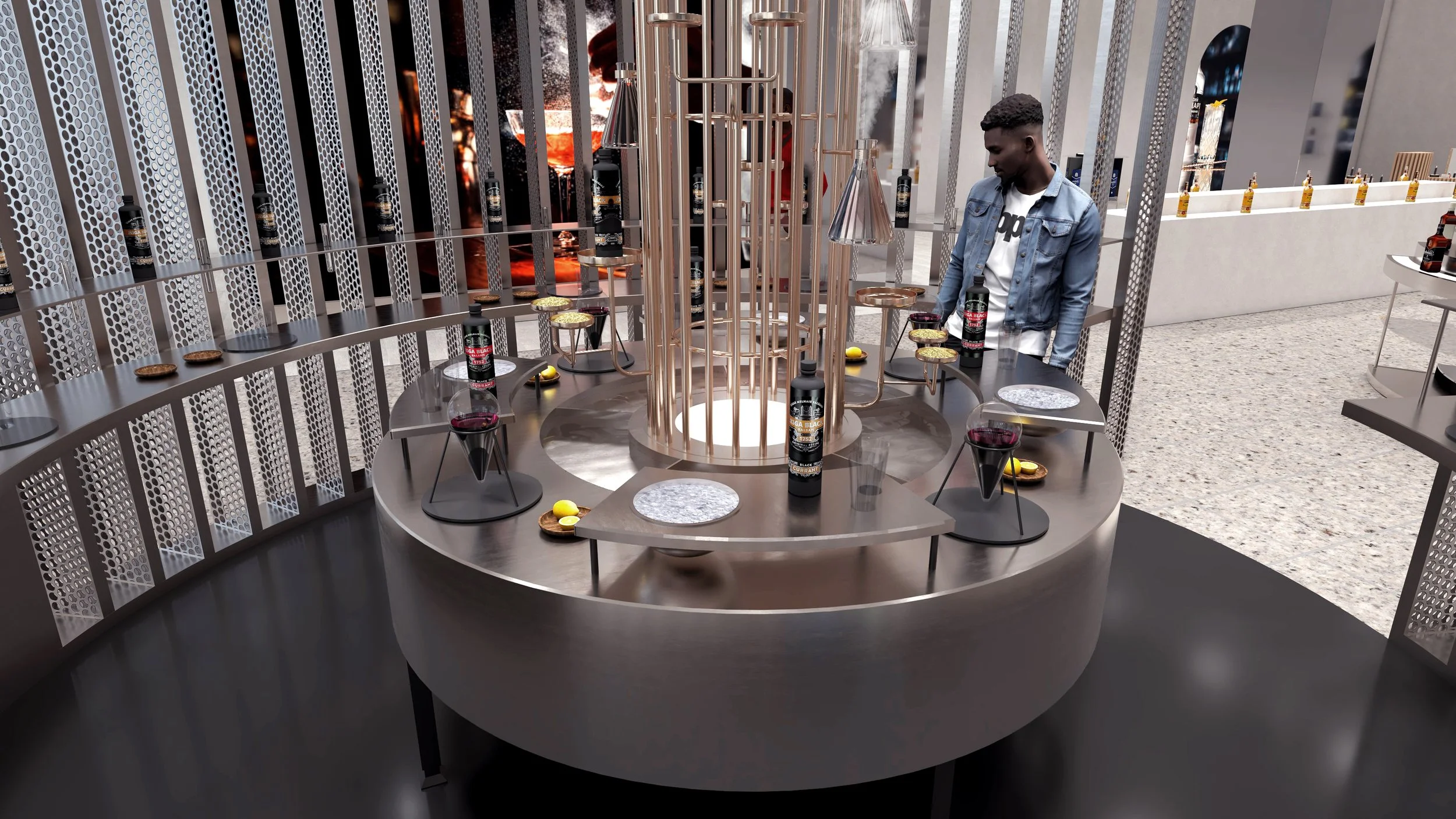 Central tasting display inside Riga Black Balsam pop-up featuring circular metal table, bottle displays, and suspended lighting elements.