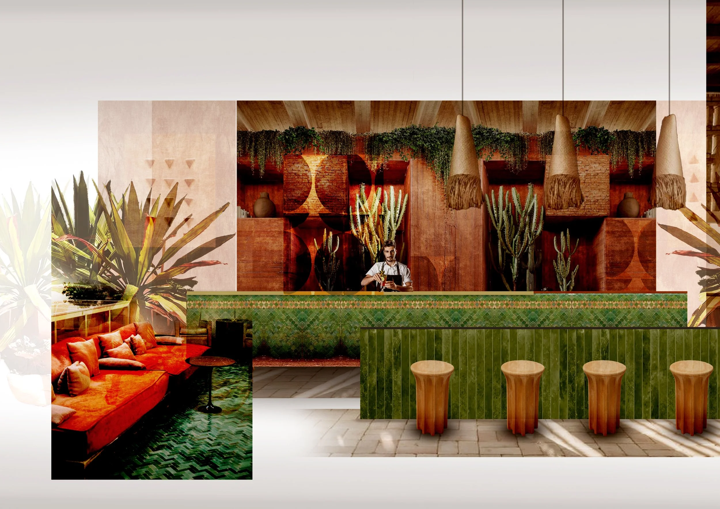 A visual of a latin american bar and lounge. Materials are warm rich and textured