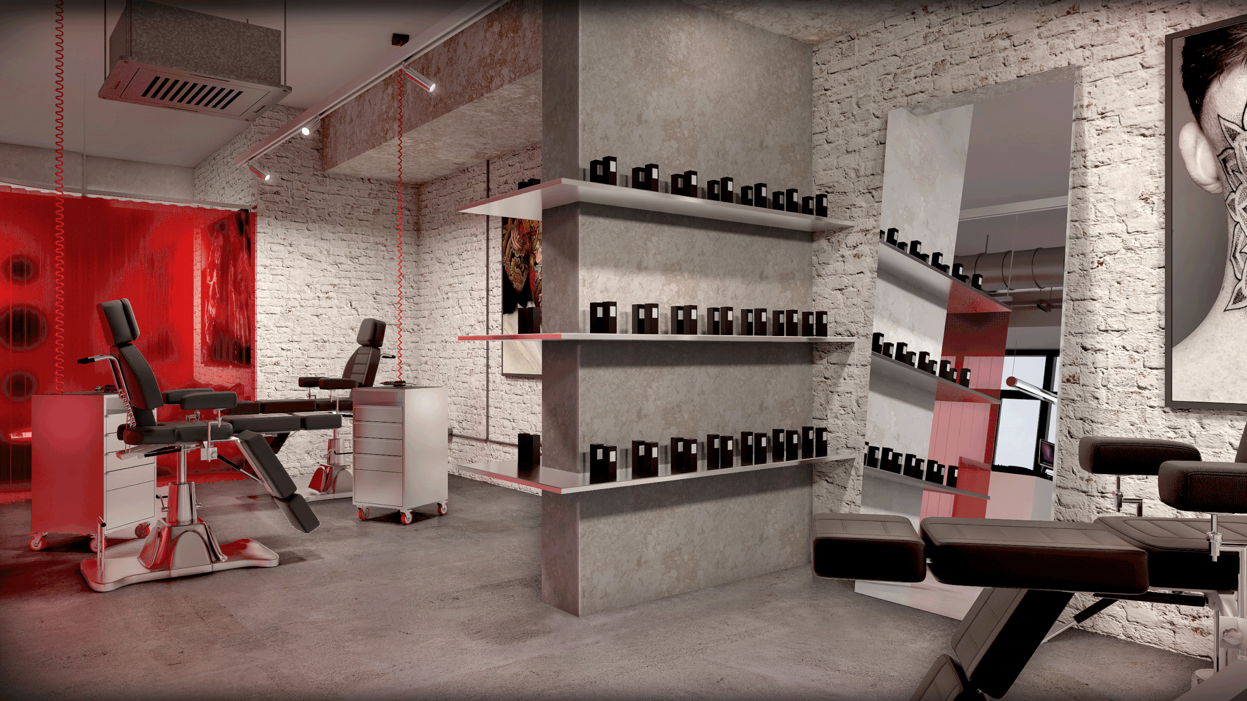 Inkhaus Tattoo Studio Berlin interior with tattoo chairs, product shelves and red translucent partition.