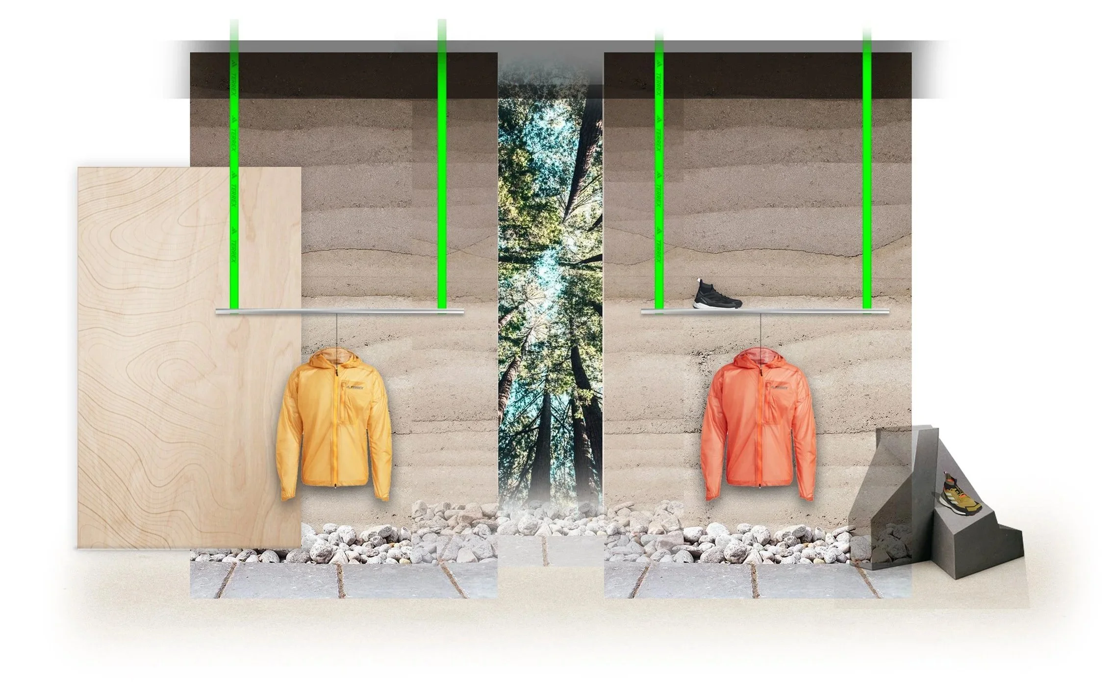 adidas-Terrex-Munich retail wall display concept featuring suspended trail jackets, footwear shelf and forest graphic panel.
