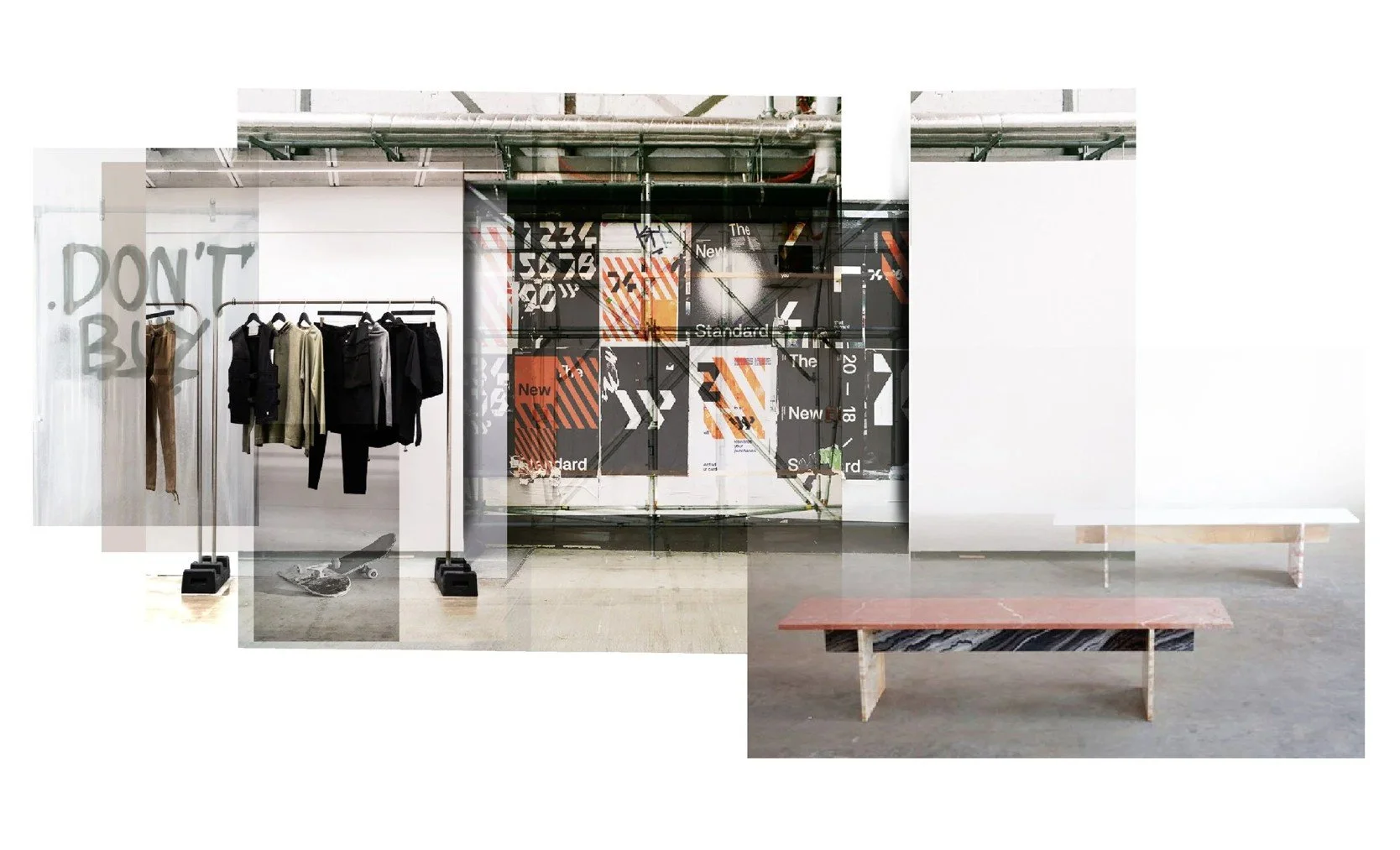 Adidas skateboarding retail concept interior with apparel rails, footwear displays and urban inspired store design.