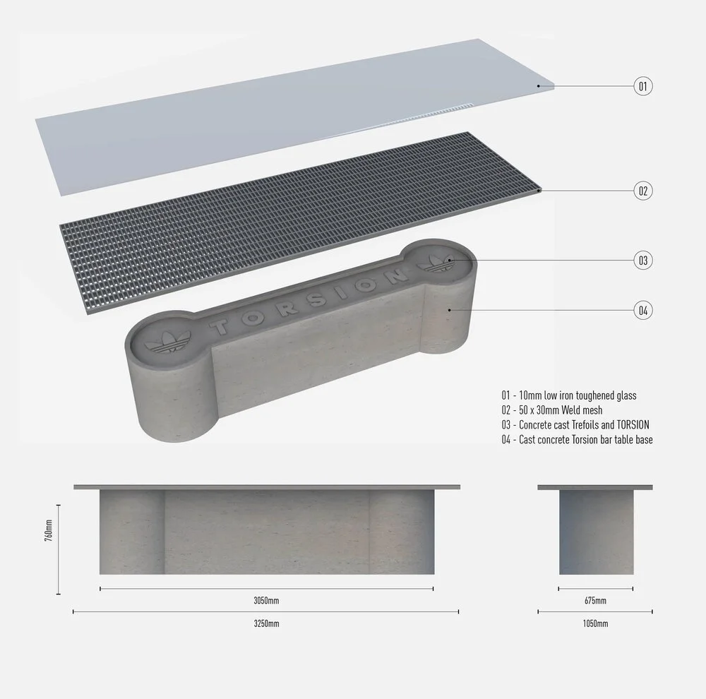 Adidas flagship store Dubai torsion table technical diagram showing concrete base, mesh layer and glass surface construction