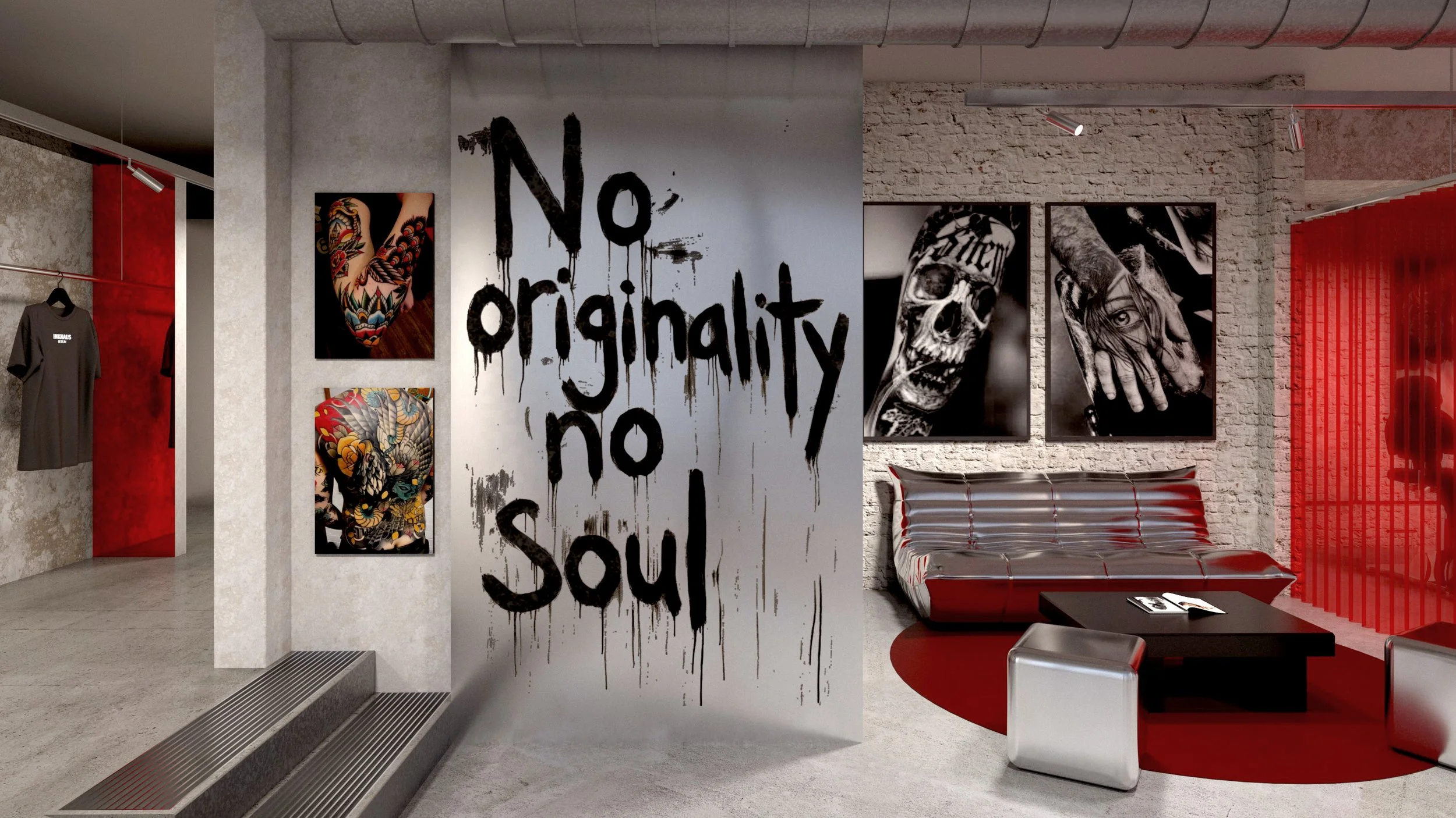 Inkhaus Tattoo Studio Berlin lounge with â€˜No originality no soulâ€™ wall art, seating and tattoo photography.