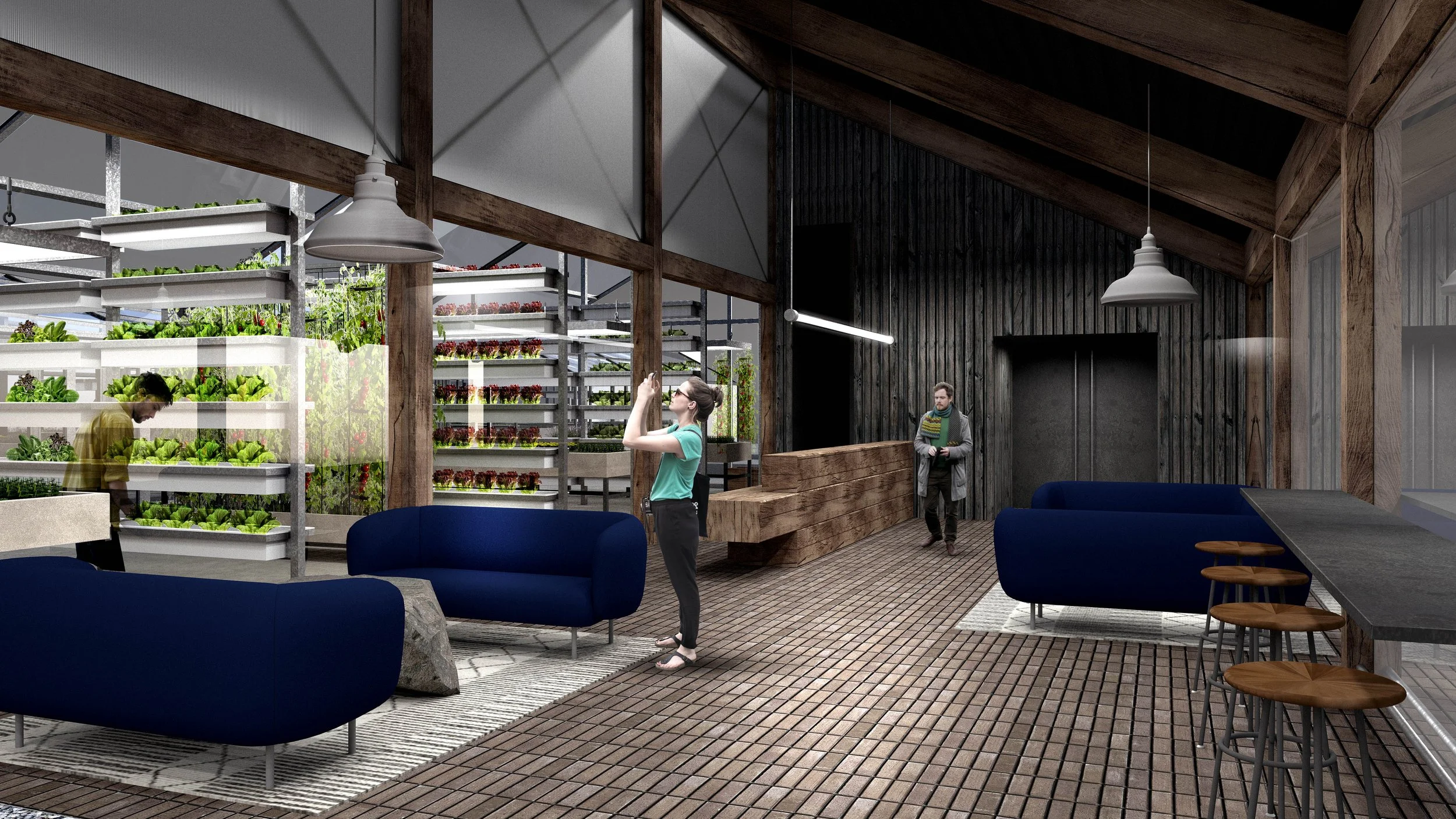Interior lounge area of the Greenhouse Restaurant Iceland featuring vertical growing racks and seating.
