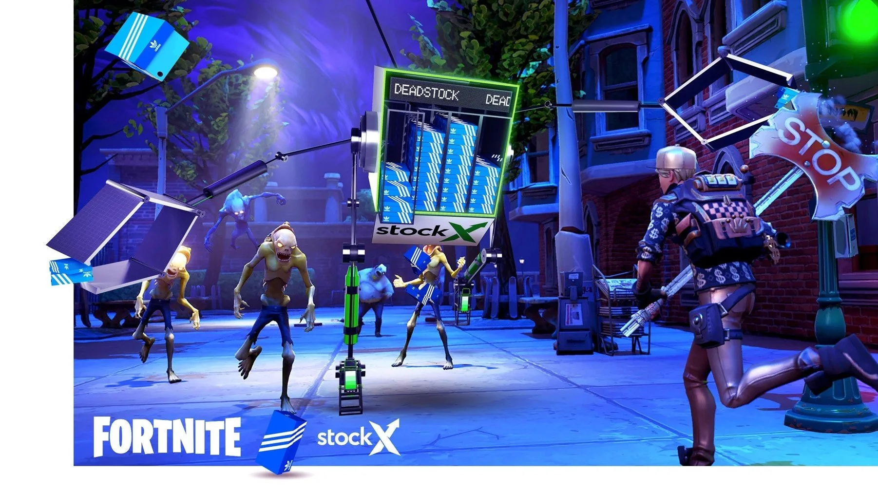 Fortnite and StockX gaming activation concept featuring deadstock sneaker vending machine in a virtual game environment.
