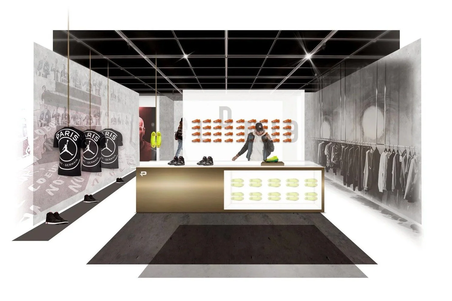 Pro Direct football retail store concept showing boot wall display, apparel rails and premium sports merchandising layout.