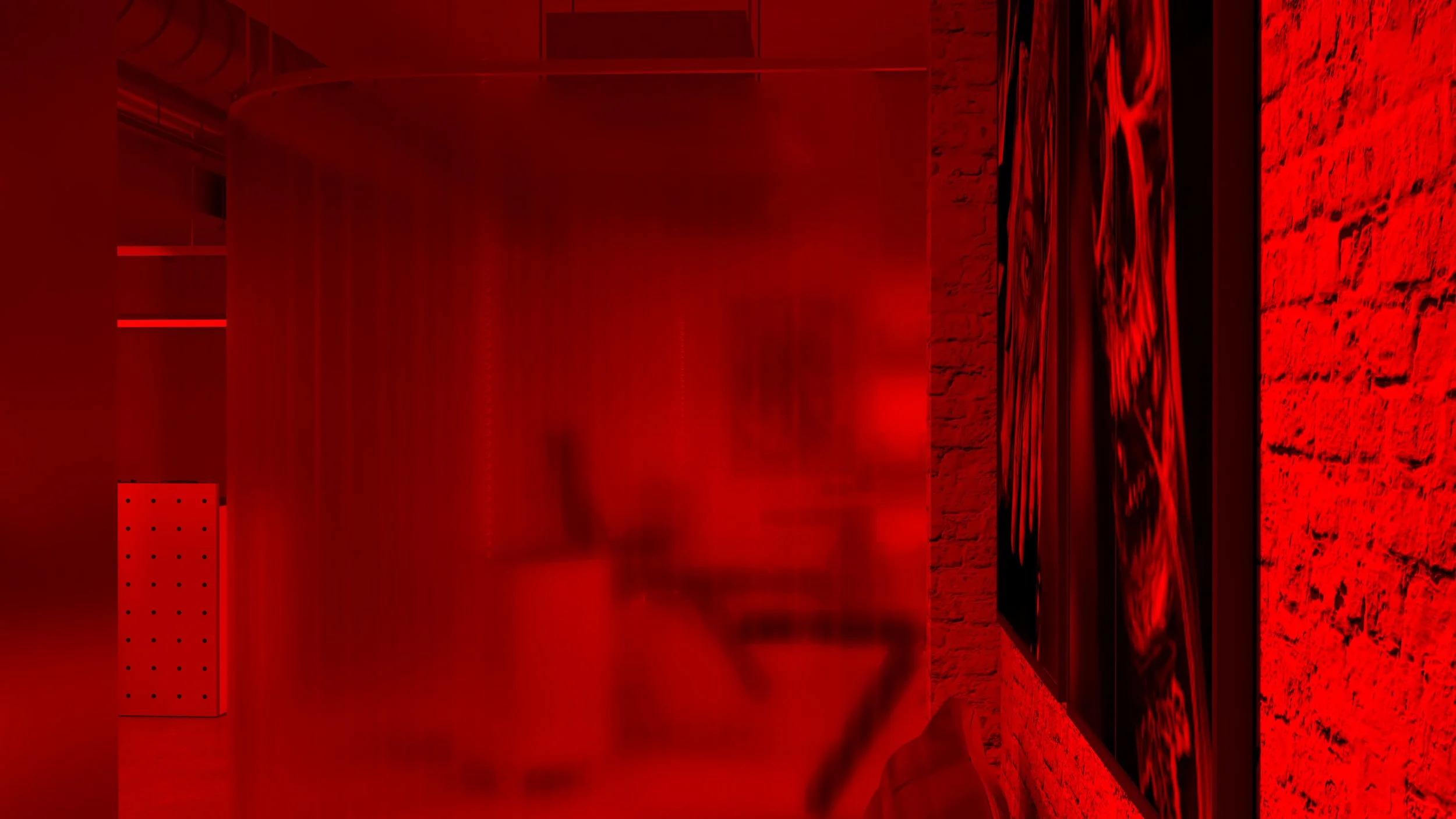 Inkhaus Tattoo Studio Berlin interior with immersive red lighting, translucent architectural elements and raw industrial wall textures.