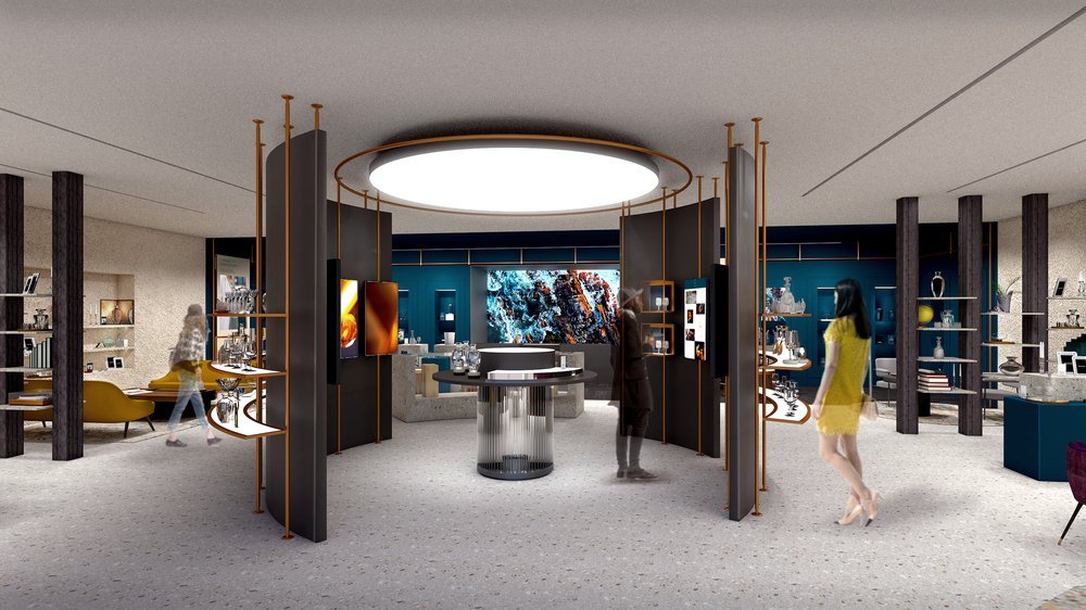 Hero interior view of the Waterford Crystal concept store featuring circular displays, luxury lighting, and curated crystal collections.