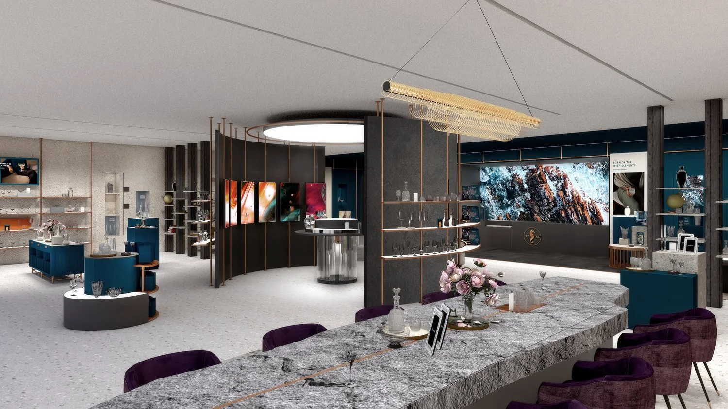 Perspective view of the Waterford Crystal concept store highlighting shelving, lighting design, and crystal product storytelling.