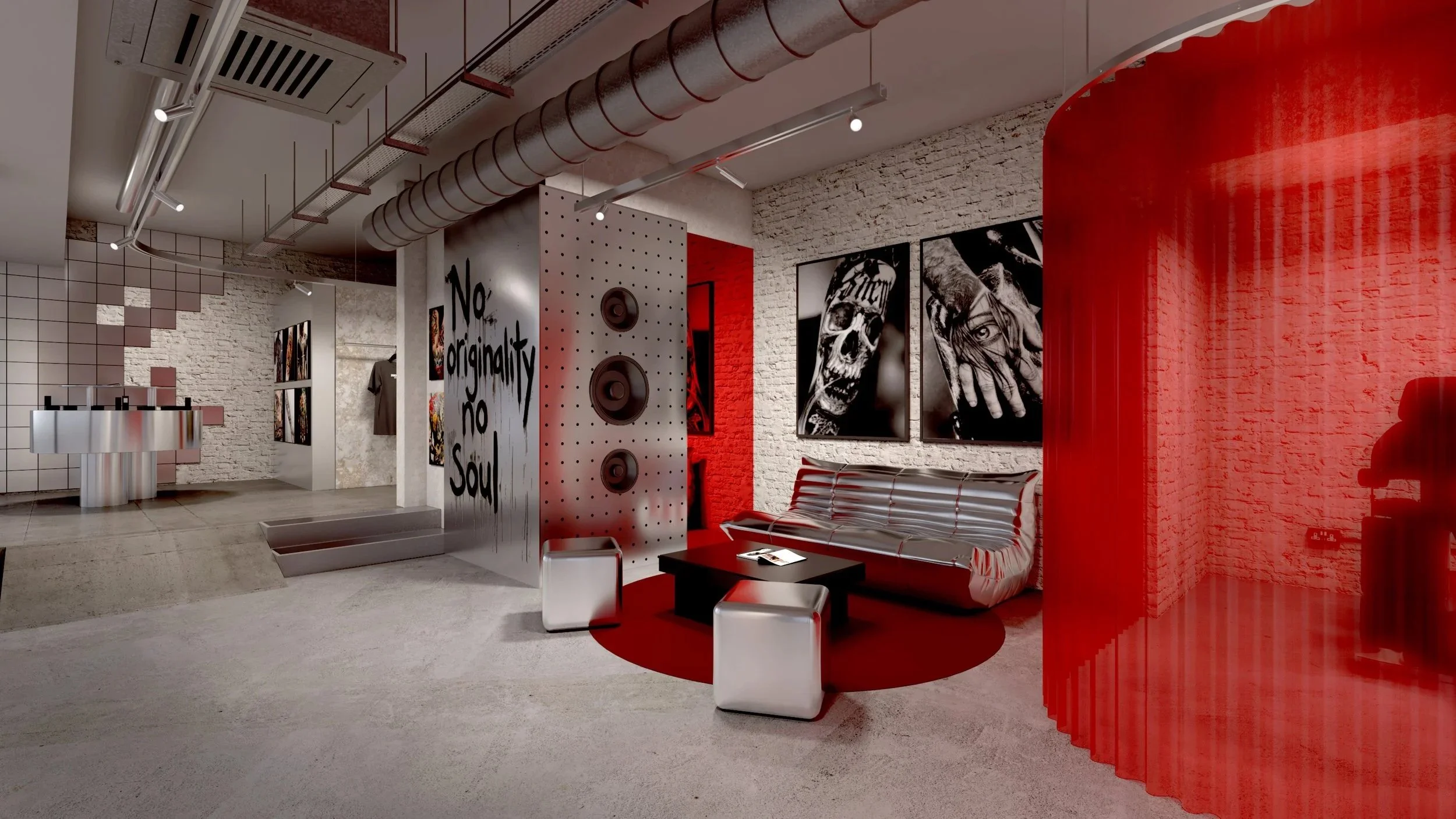 Inkhaus Tattoo Studio Berlin lounge area with red curtain, speaker wall feature and industrial ceiling.