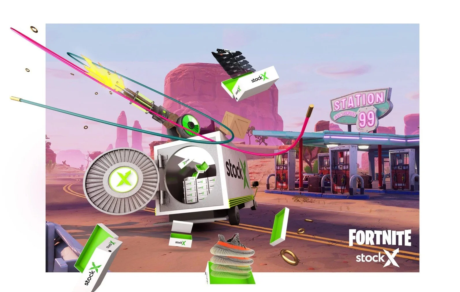 Fortnite and StockX collaborative gaming concept with sneaker themed world and branded virtual retail elements.