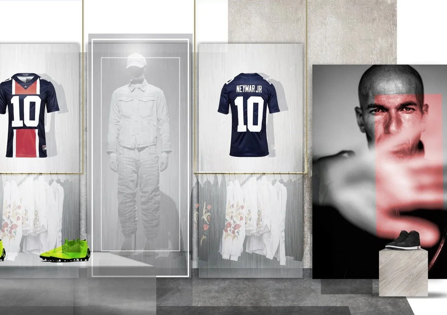 Pro Direct football retail store interior concept with product tables, footwear displays and branded graphic walls.