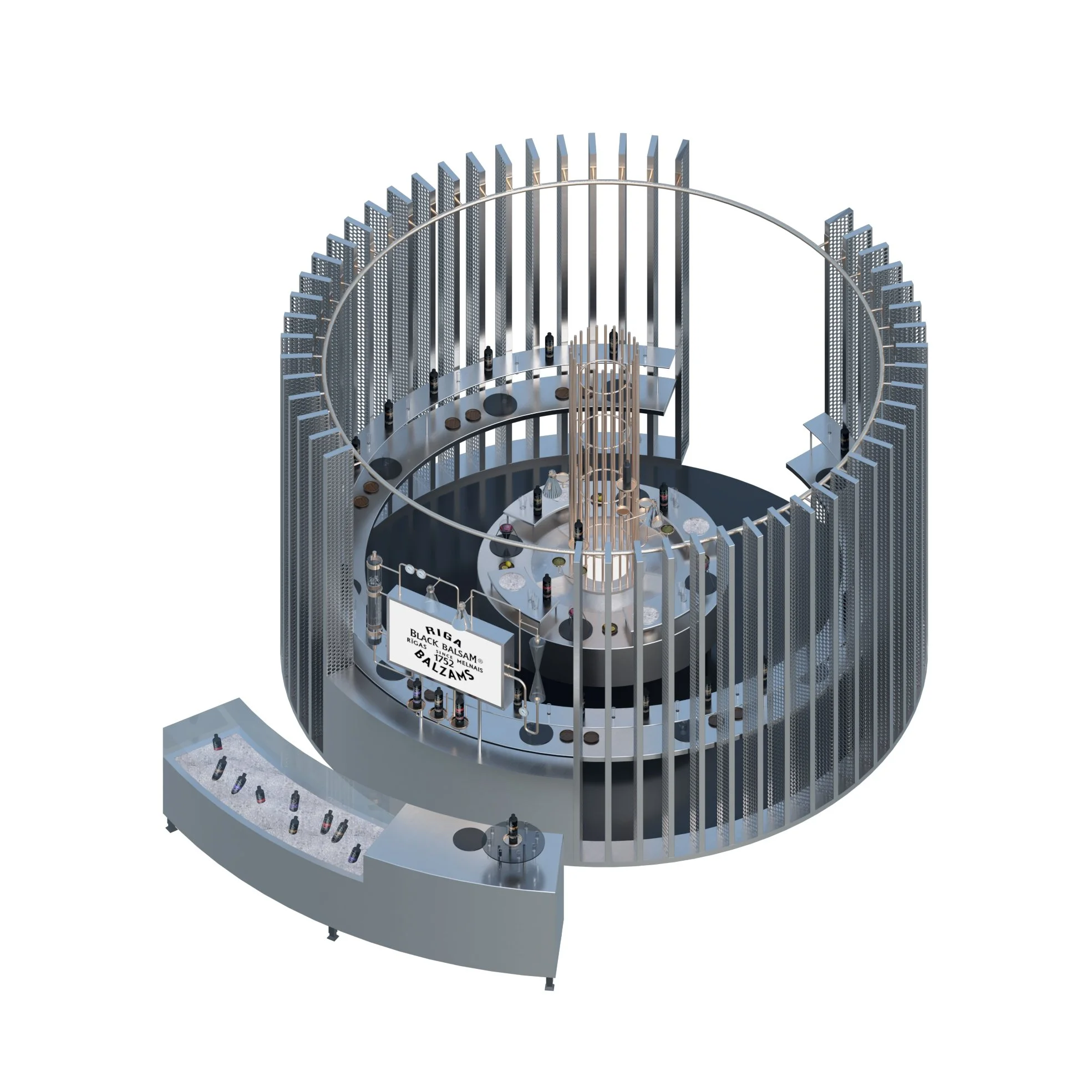Axonometric view of Riga Black Balsam pop-up pavilion featuring circular metal enclosure, central tasting bar, and layered display system.