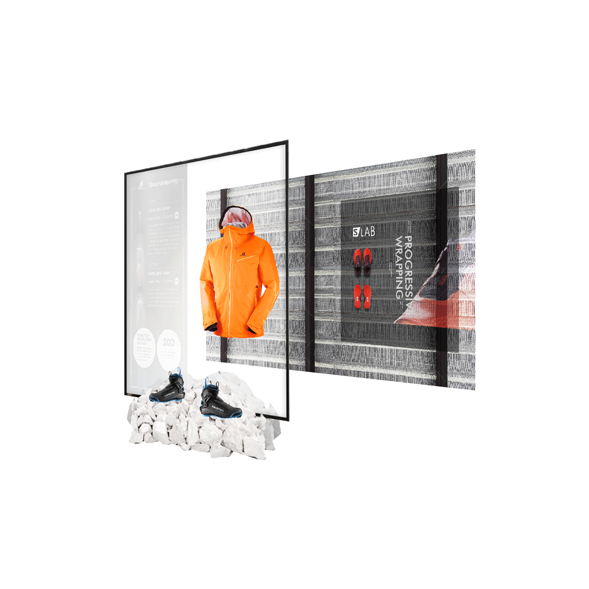 Various Salomon mountaineering retail concept interior with alpine apparel displays, boots and outdoor performance merchandise.