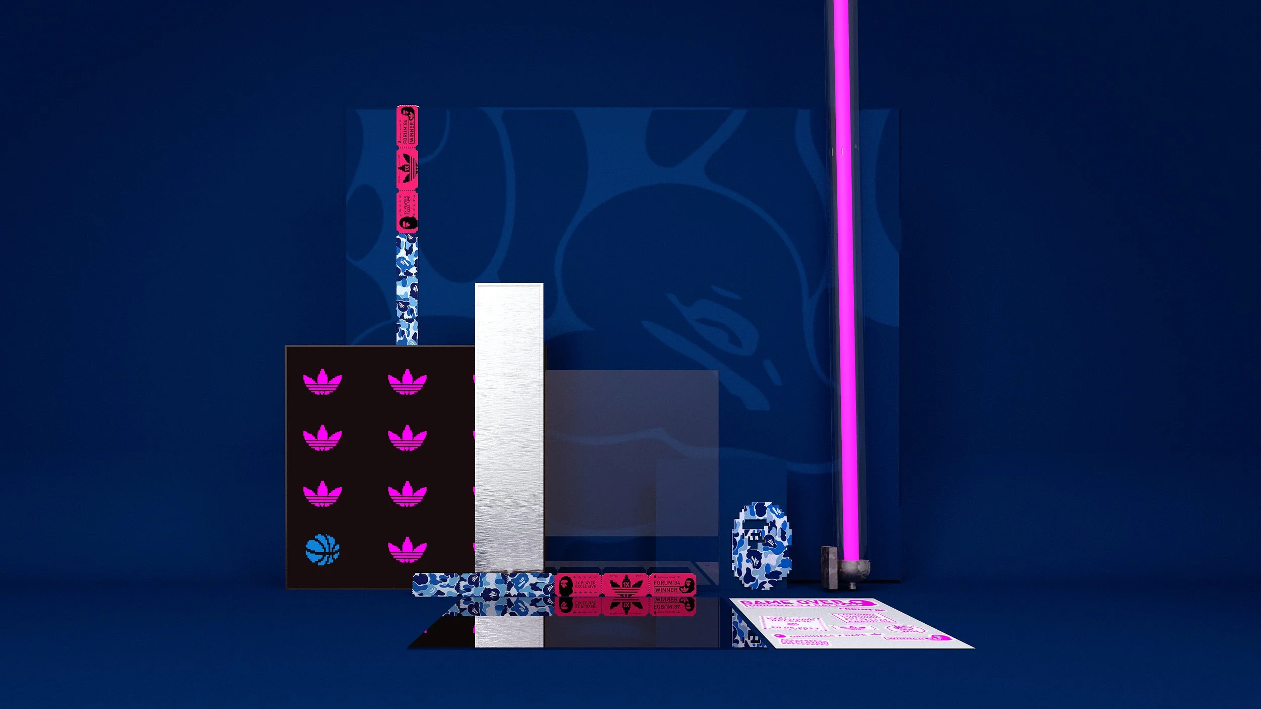 Flat lay of Adidas x BAPE END London collaboration packaging, graphics, and branded materials.