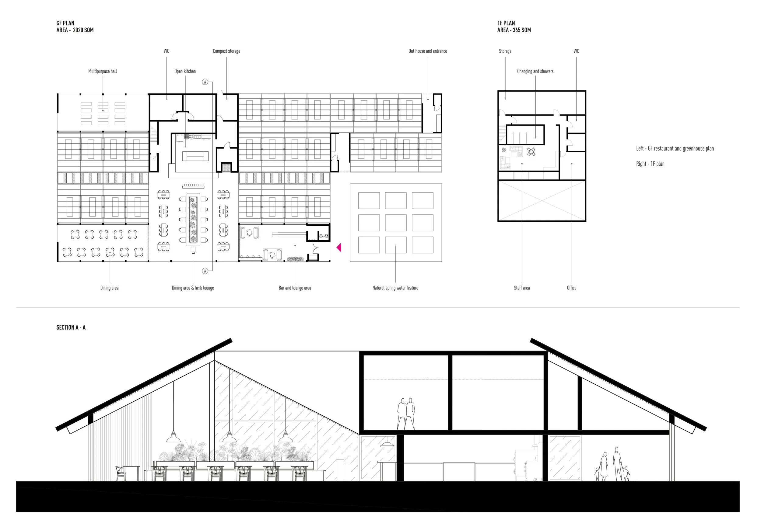 Architectural floor plan and section drawing for Greenhouse Restaurant Iceland showing restaurant layout, greenhouse areas, dining spaces and sectional roof profile.