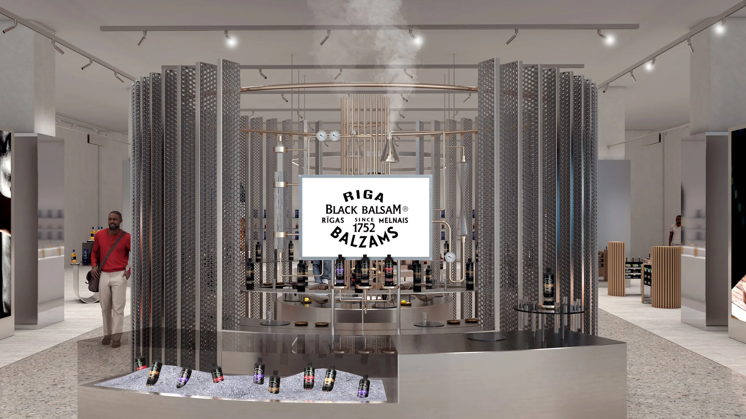 Front view of Riga Black Balsam pop-up installation with illuminated logo sign, curved metal counter, and showcased bottle collection.