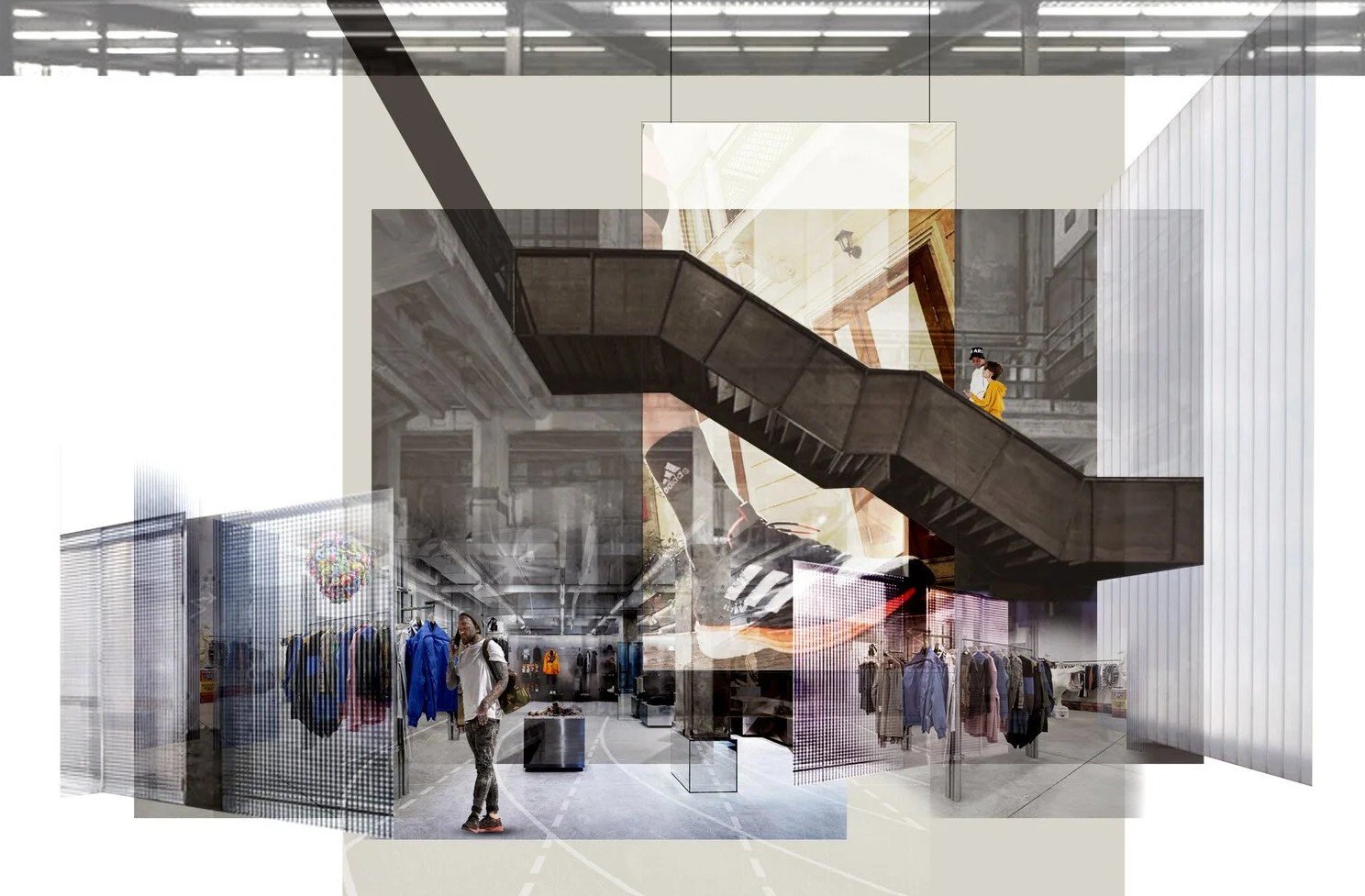 Industrial staircase in the centre of an adidas retail space, rails and footwear are on metal grid walls