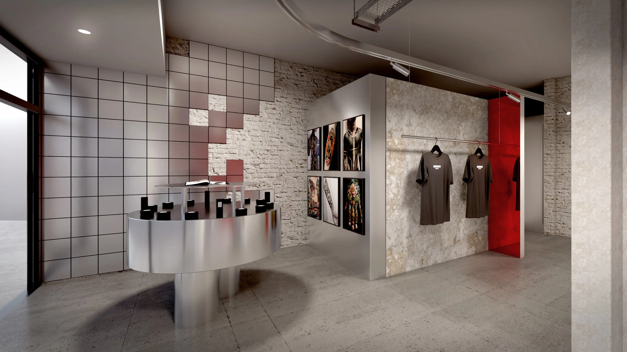 Retail display area at Inkhaus Tattoo Studio Berlin with circular metal counter and product presentation.