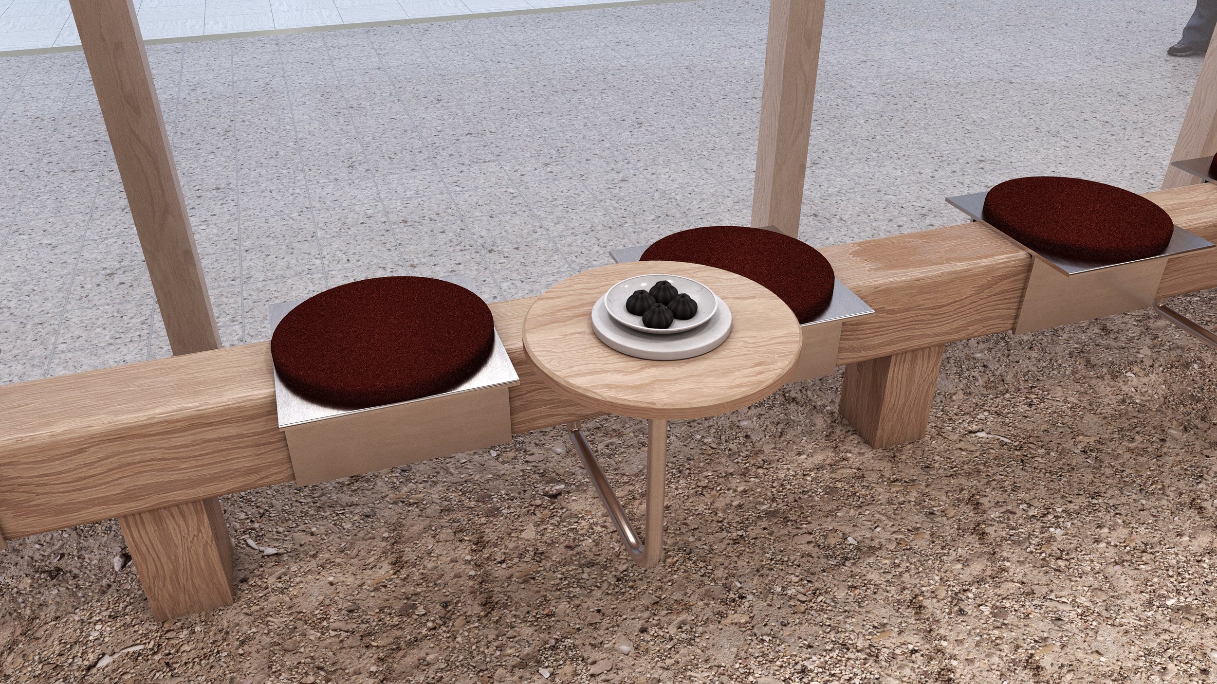 Balenciaga pop-up interior seating detail with timber bench and red cushions