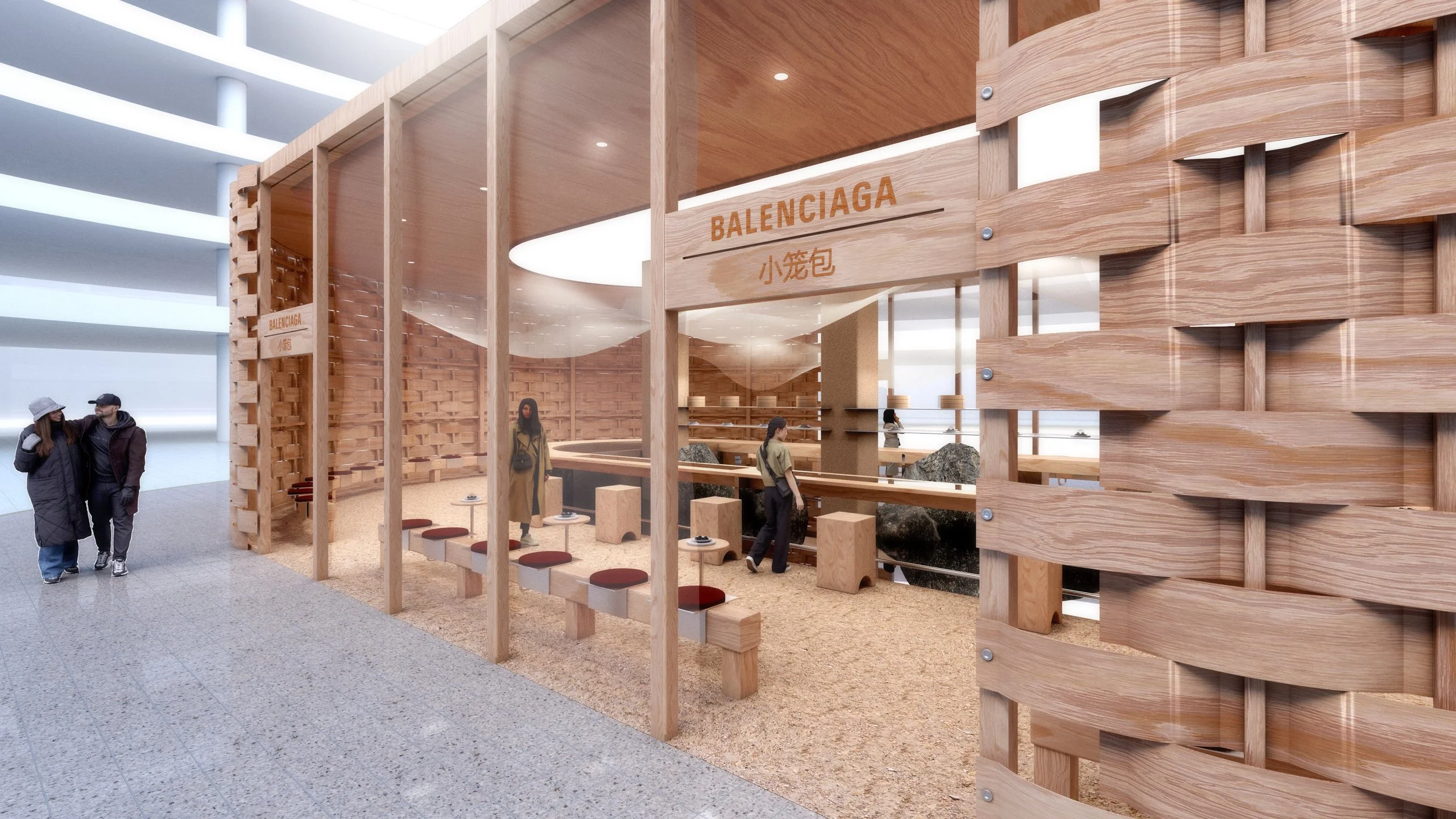 Balenciaga pop-up exterior with woven timber facade and transparent storefront