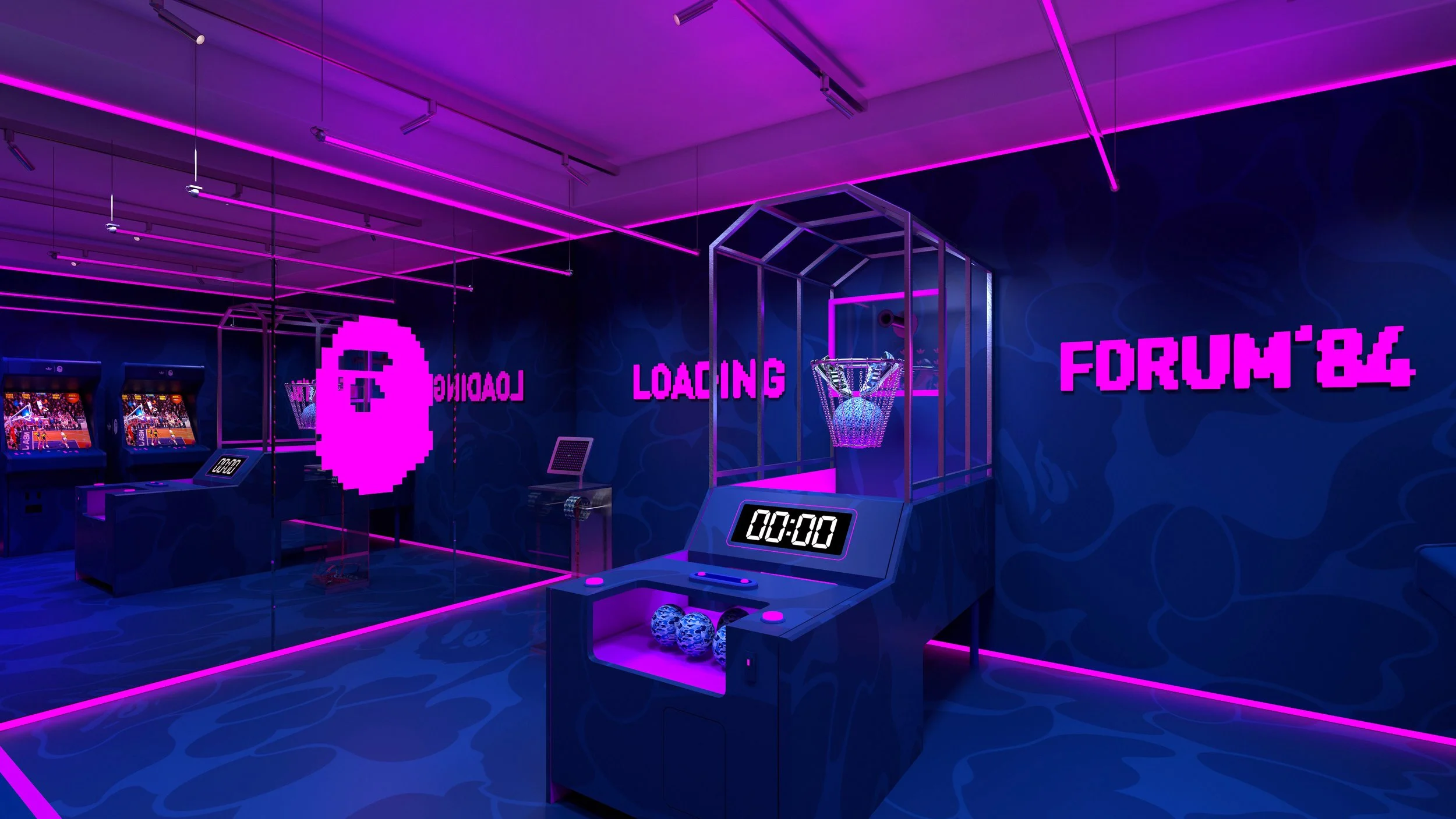 Immersive Loading room inside the Adidas x BAPE END London pop-up featuring a digital basketball challenge.