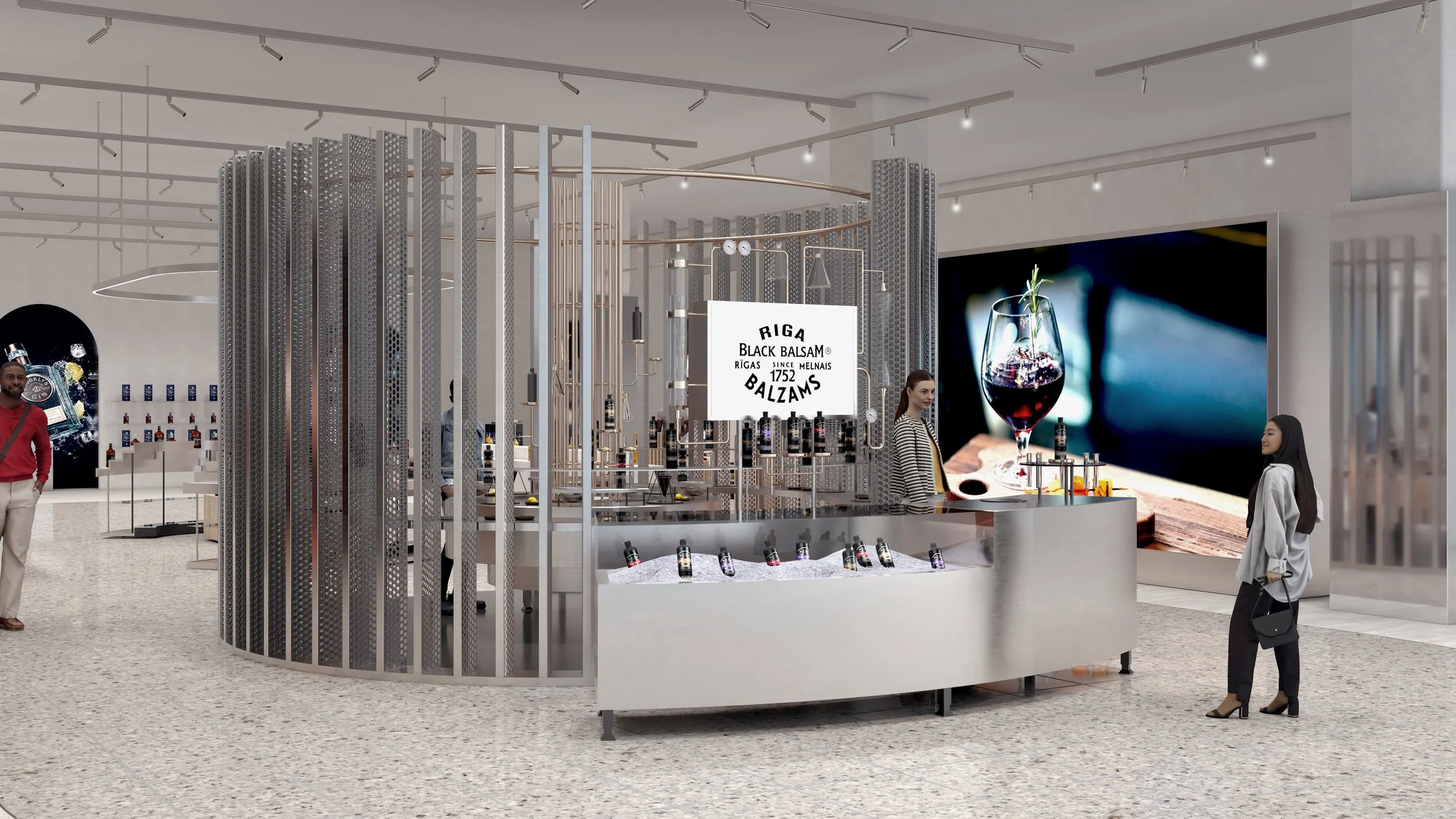 Interior view of Riga Black Balsam pop-up showing circular tasting counter, vertical perforated metal walls, and illuminated brand signage.