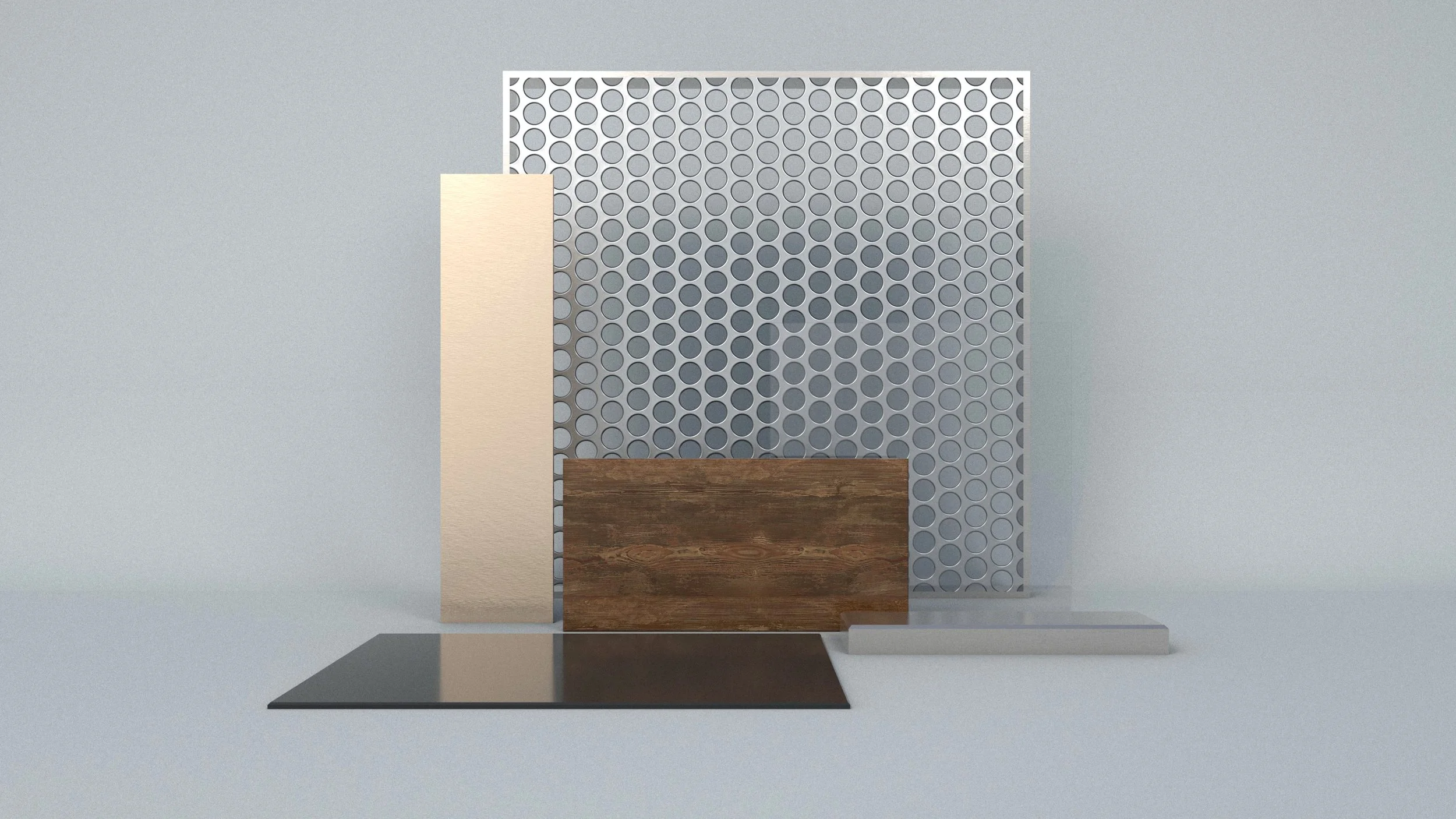 Material board for Riga Black Balsam pop-up featuring perforated metal sheet, brushed steel, dark stone, and wood finish samples.