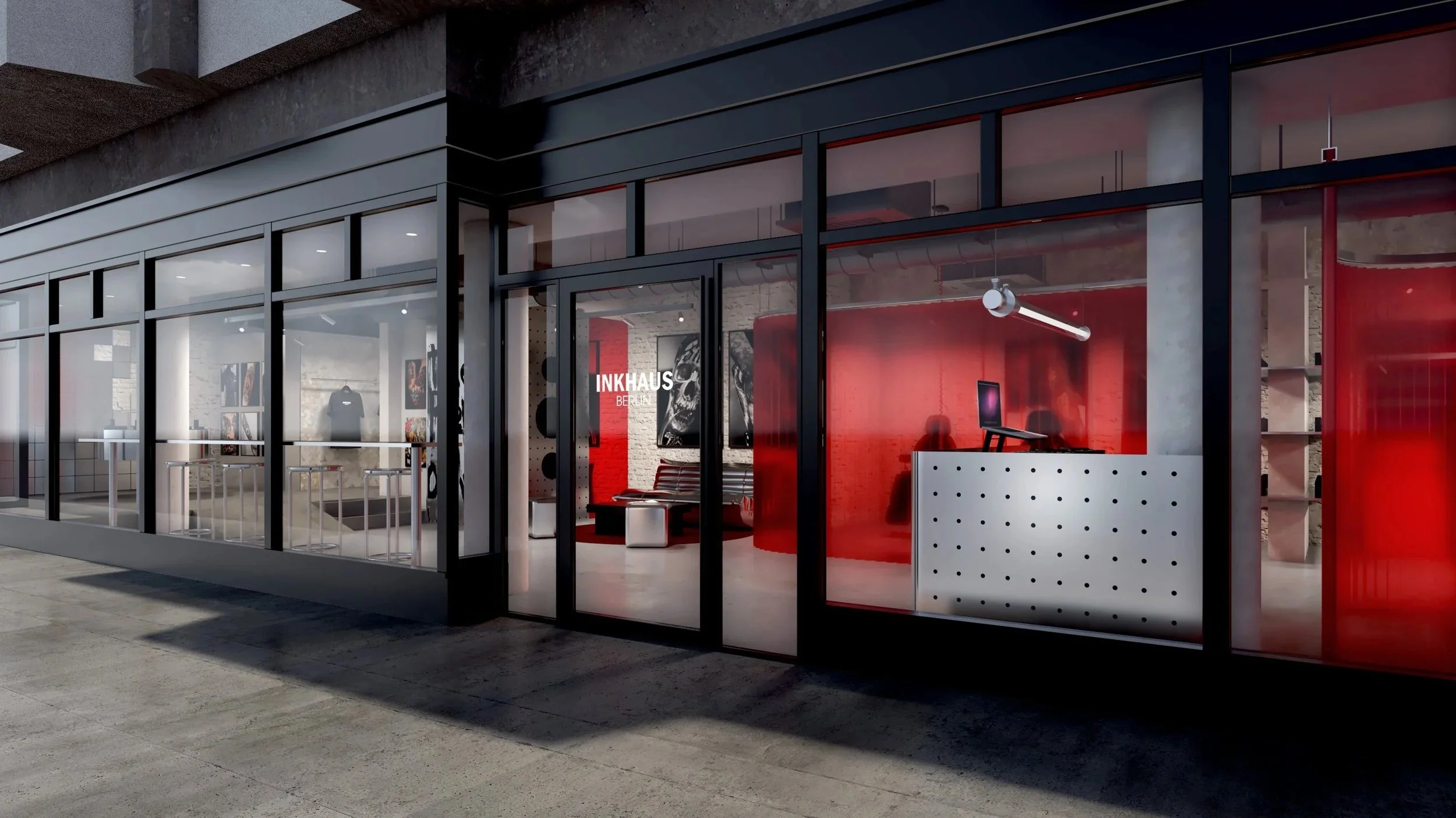 Inkhaus Tattoo Studio Berlin storefront exterior with red-lit interior and INKHAUS BERLIN signage.