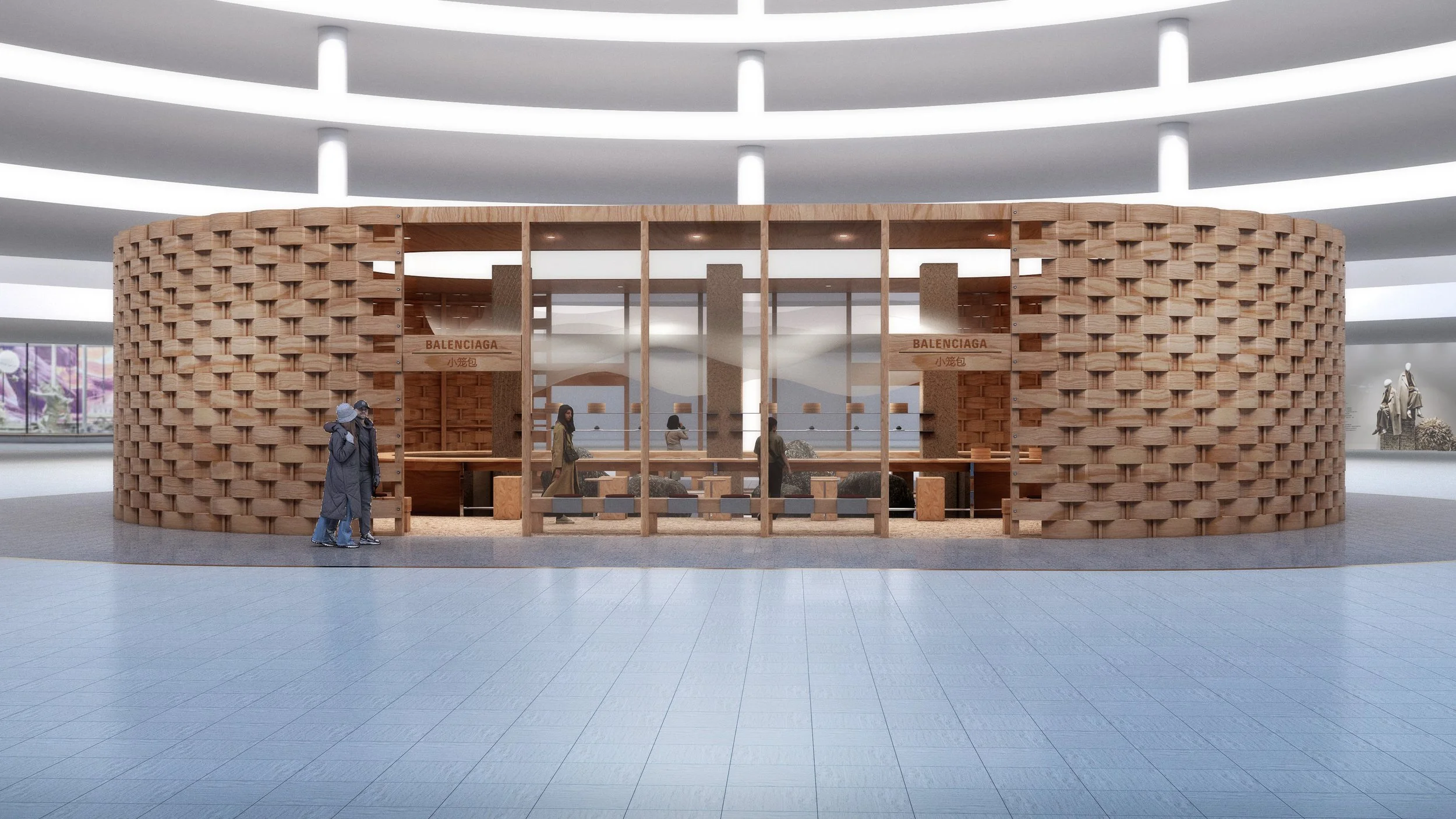 Balenciaga pop-up interior approach featuring woven wooden pavilion structure and seating