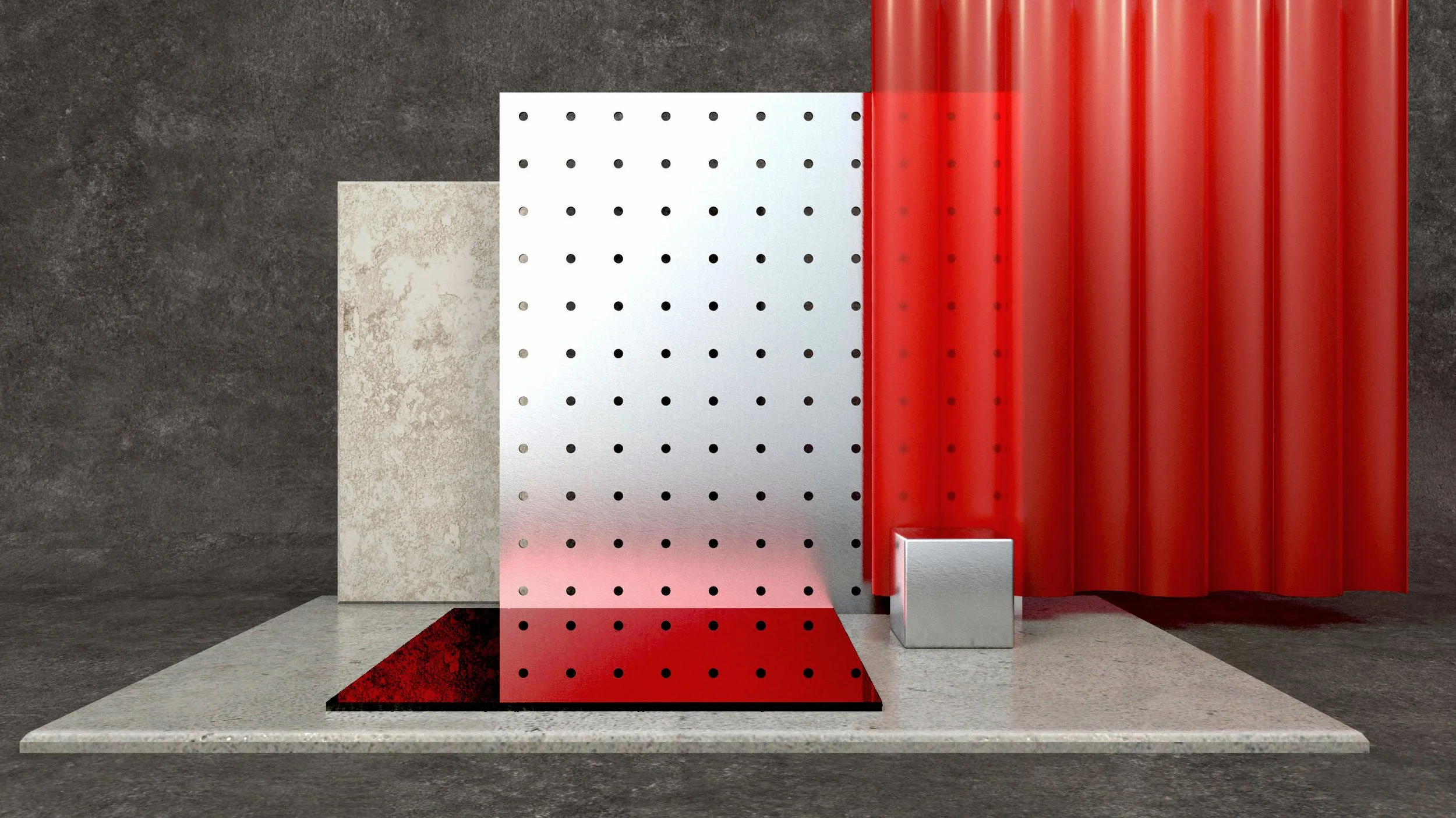 Material and finishes concept board for Inkhaus Tattoo Studio Berlin with red accents and perforated metal.