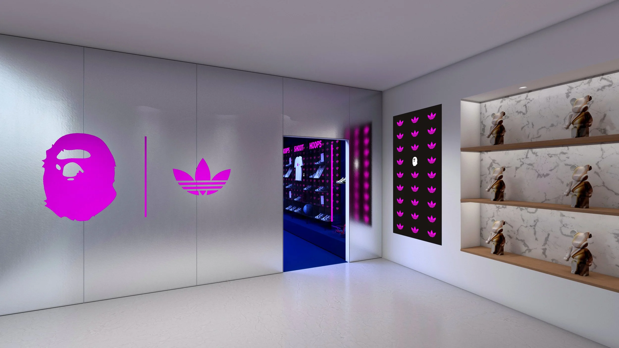 Entrance area of the Adidas x BAPE END London pop-up with co-branded wall graphics and illuminated doorway.