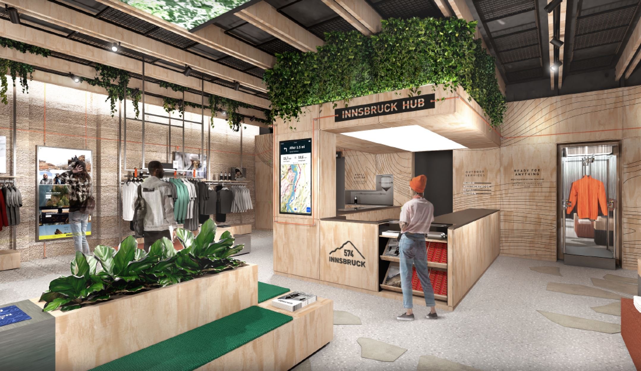 adidas-Terrex-Munich store front wide interior concept showing entrance view to Innsbruck Hub, apparel displays and trail shoe wall.