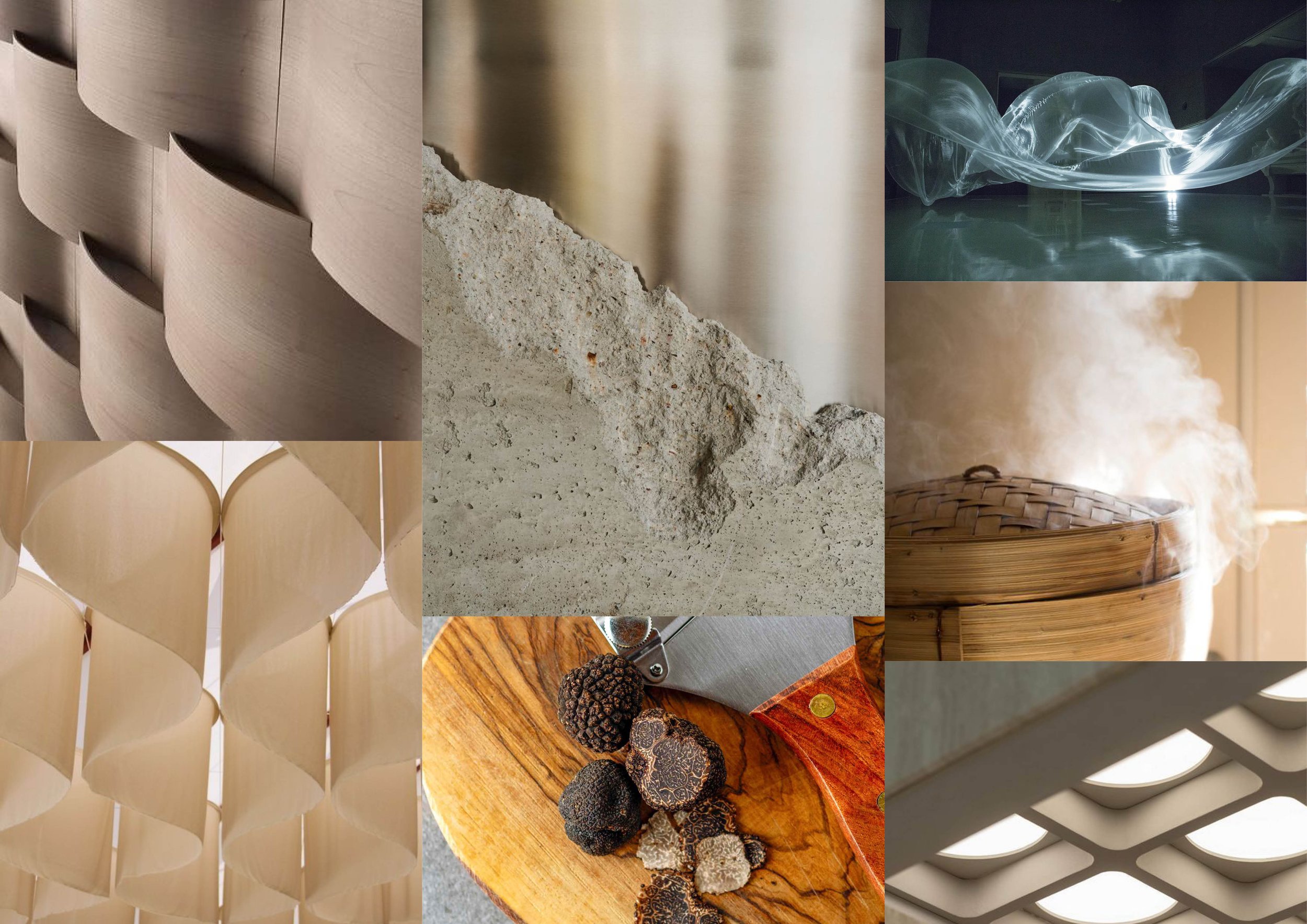 Balenciaga pop-up interior materials moodboard featuring wood, stone, steam and lighting textures