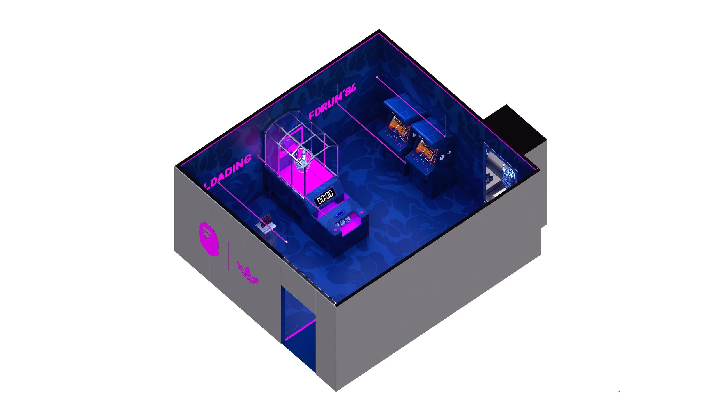 Isometric render of the Adidas x BAPE END London pop-up showing the Loading zone with arcade-style basketball game.