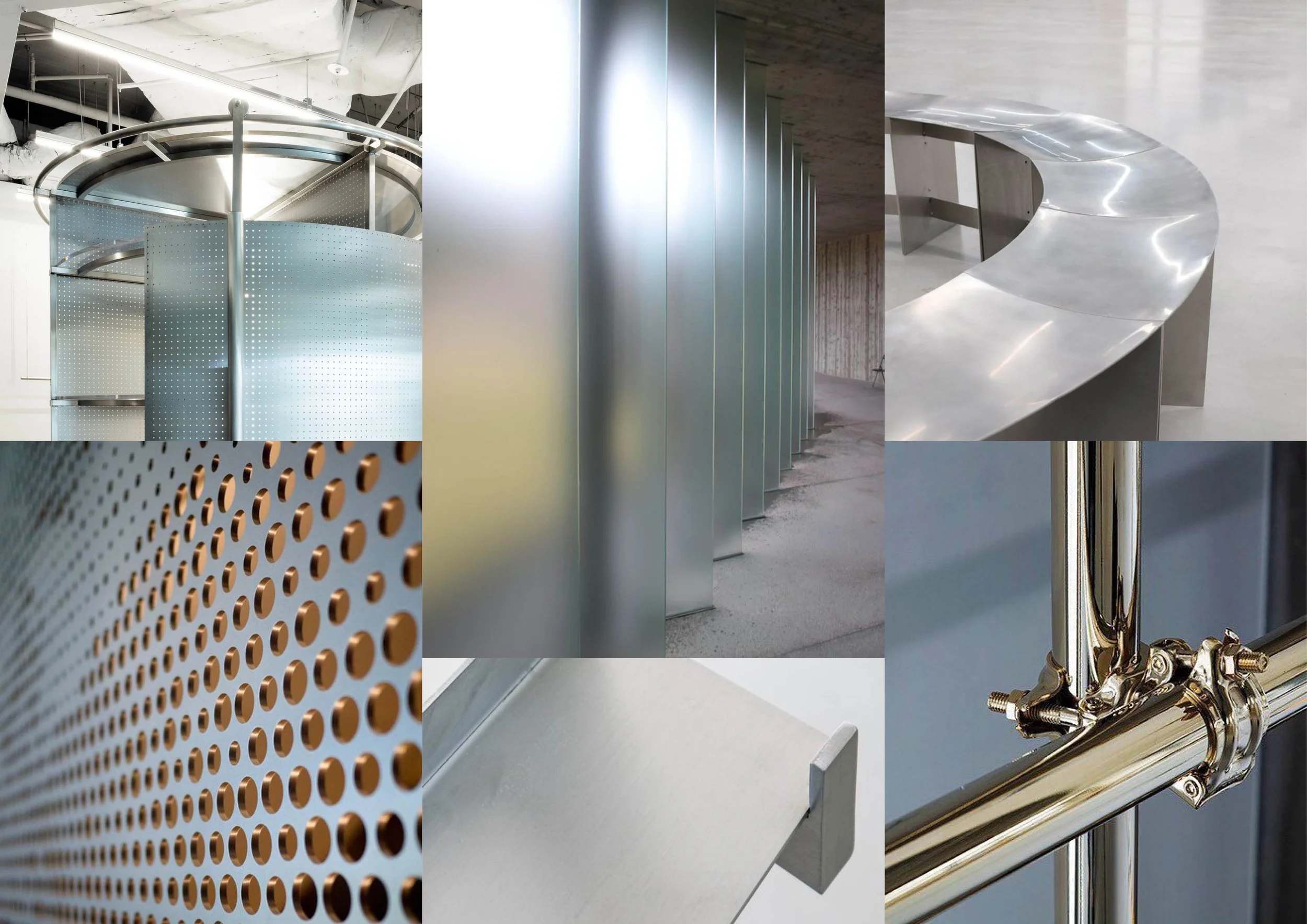 Material detail of Riga Black Balsam pop-up installation showing perforated metal panels, curved stainless steel elements, and industrial finishes.