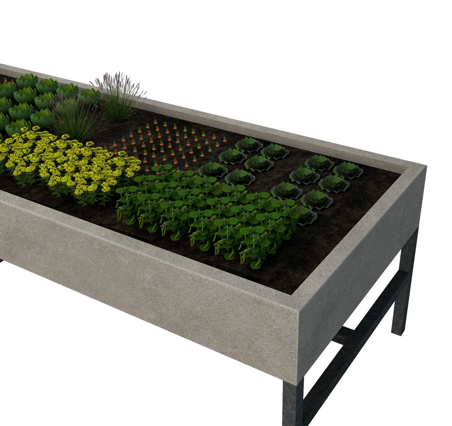 Detail view of a raised concrete planter with mixed herbs and vegetables used in the Greenhouse Restaurant Iceland.