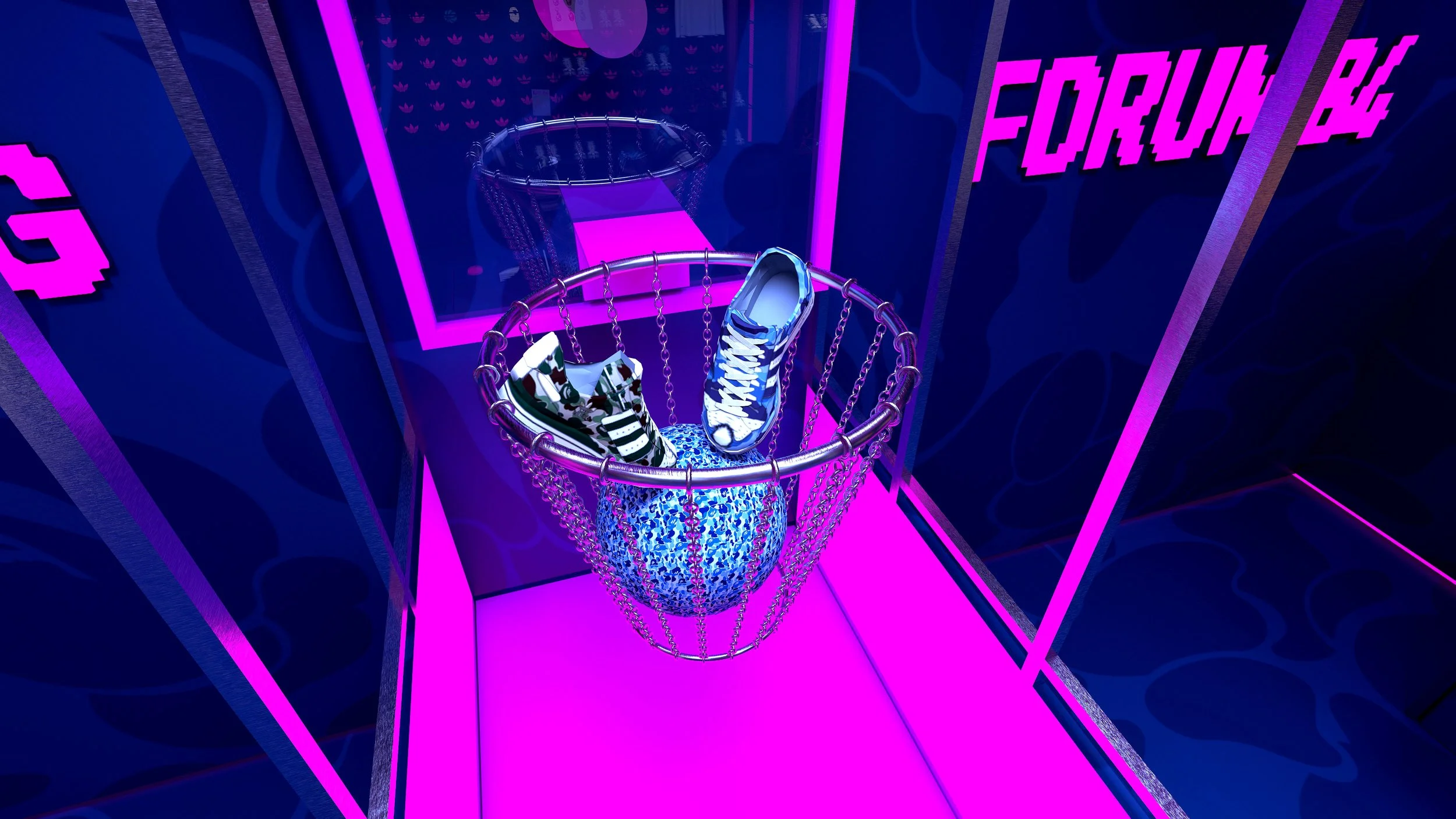 Adidas x BAPE sneakers displayed inside a basketball hoop installation at the END London pop-up experience.