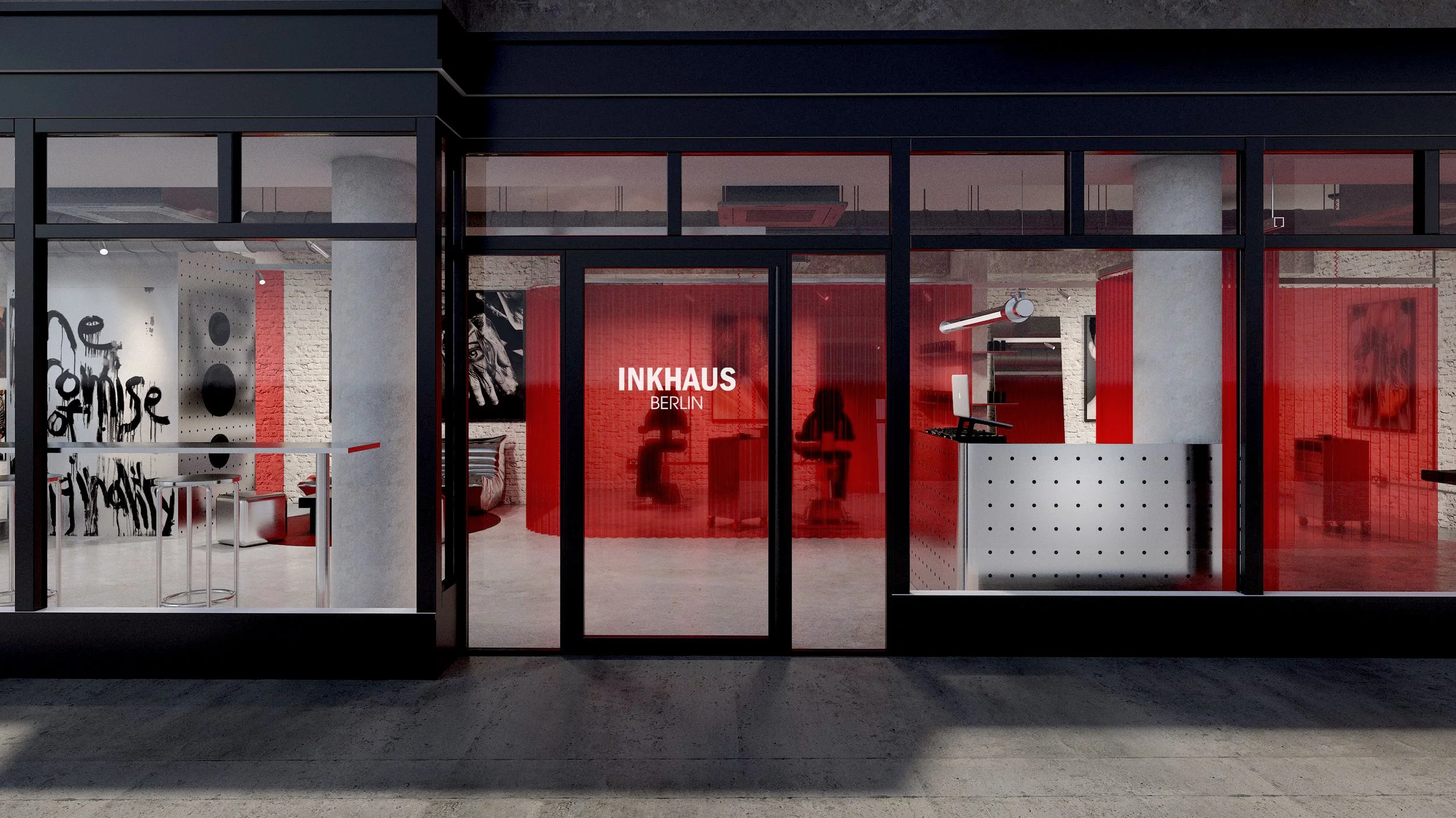 Inkhaus Tattoo Studio Berlin exterior storefront featuring red translucent glass, industrial facade detailing and visible tattoo workstations inside.