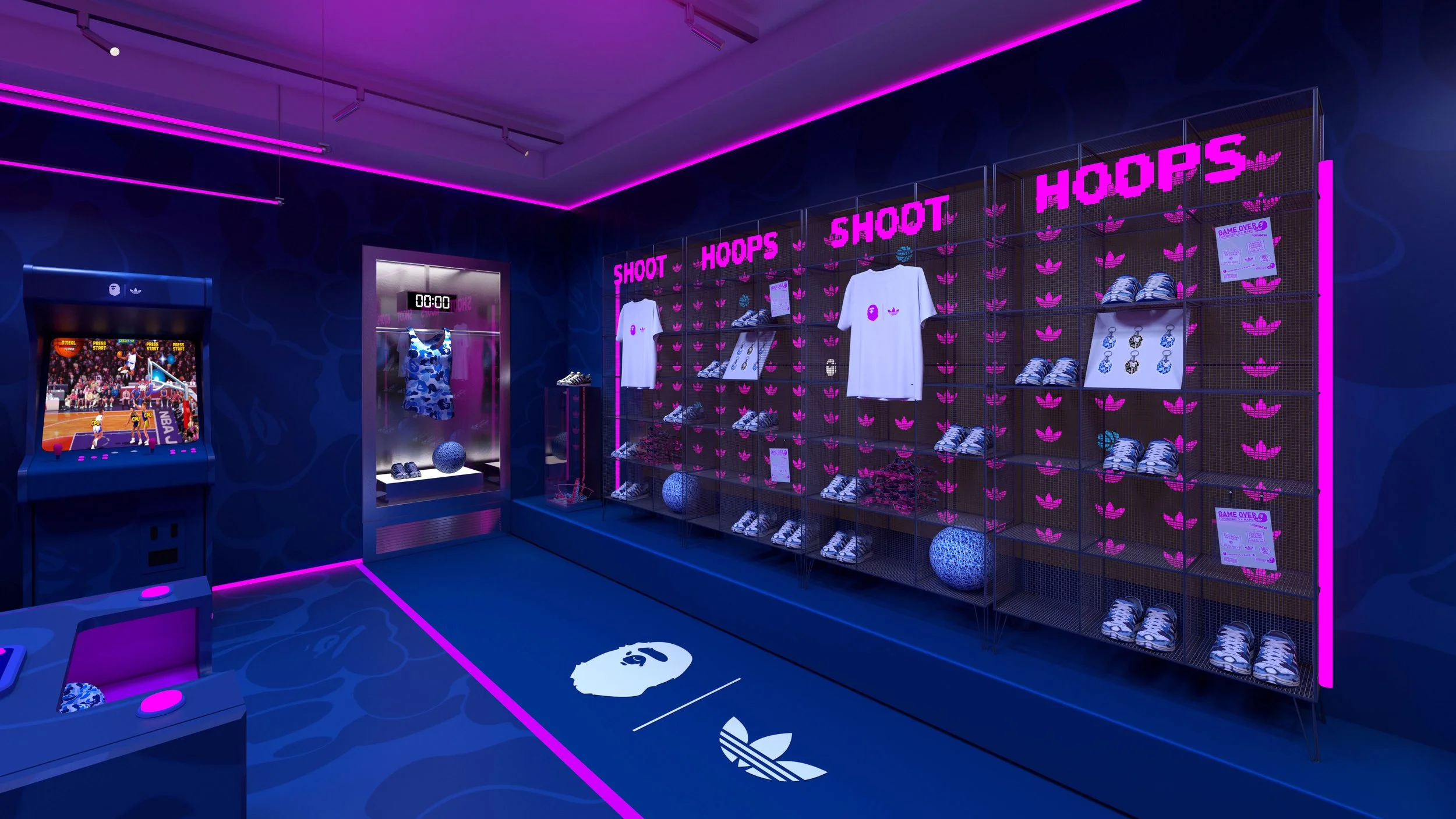 Shoot Hoops product wall inside the Adidas x BAPE END London pop-up showcasing apparel, footwear, and basketball props.