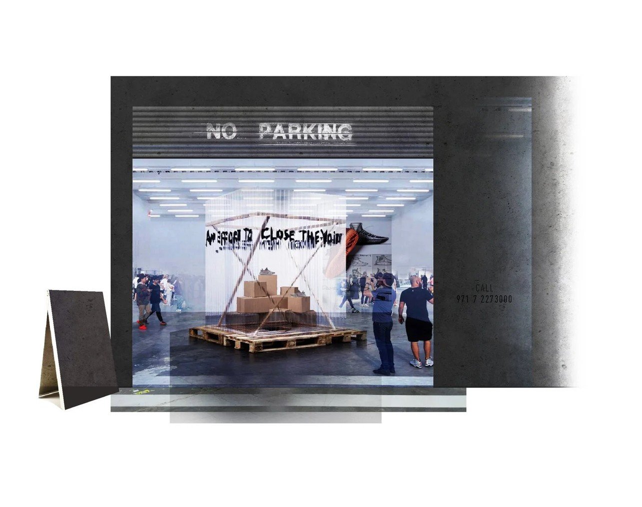 adidas flagship drop activation with a translucent screen and wooden palette product display