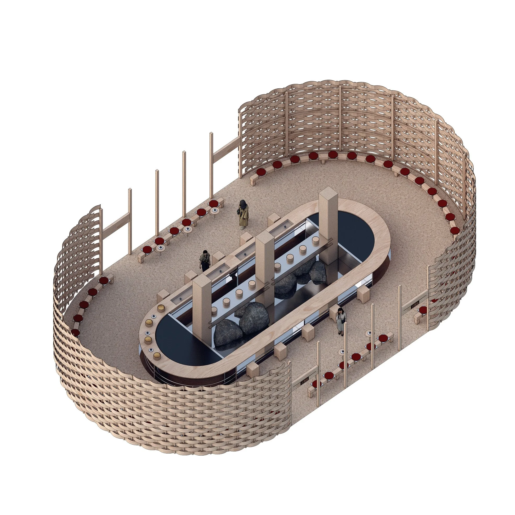 Axonometric view of Balenciaga pop-up interior showcasing circular wooden architecture