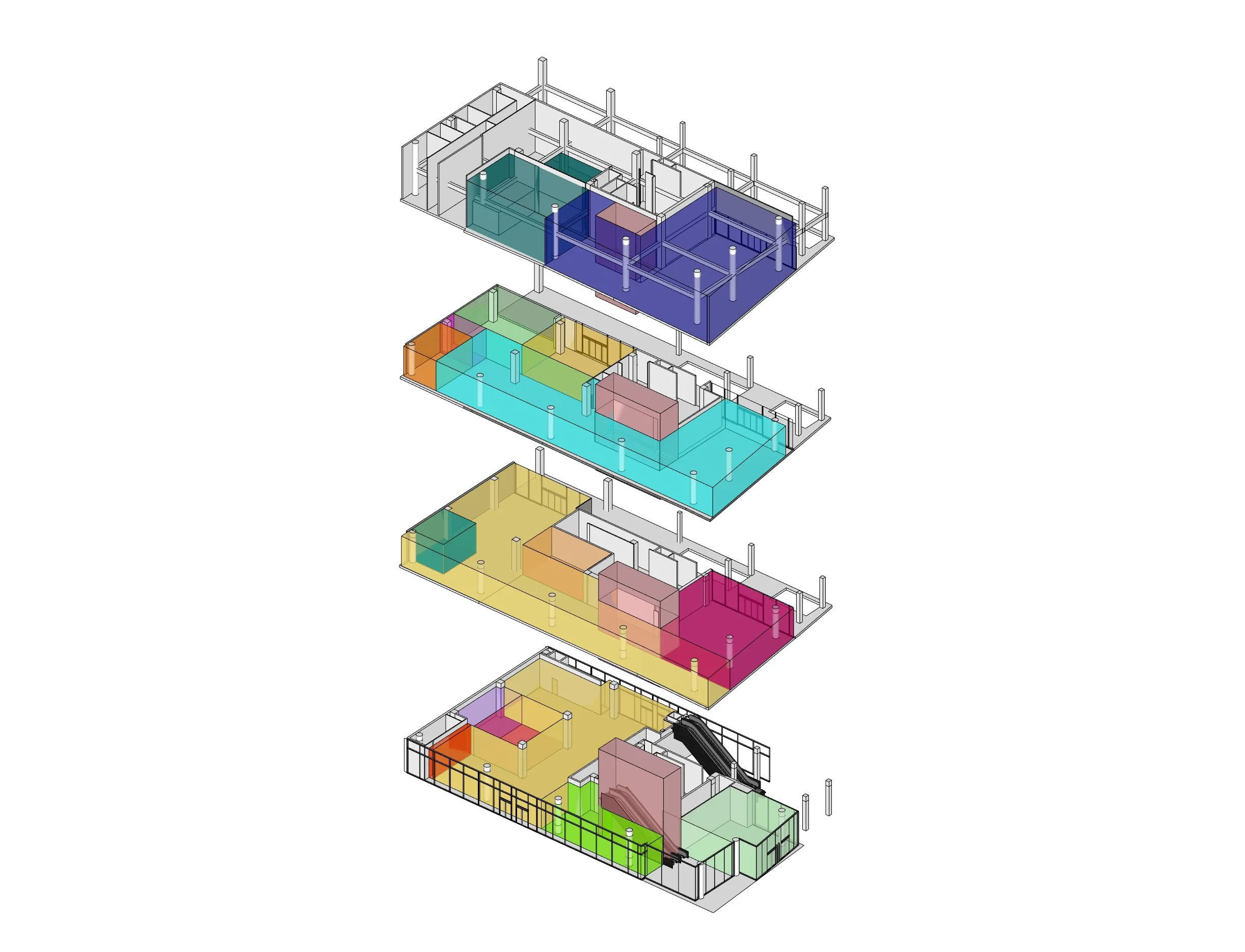 Exploded axonometric diagram of the Adidas Flagship Sanlitun Beijing showing multi-level zoning and spatial organisation.