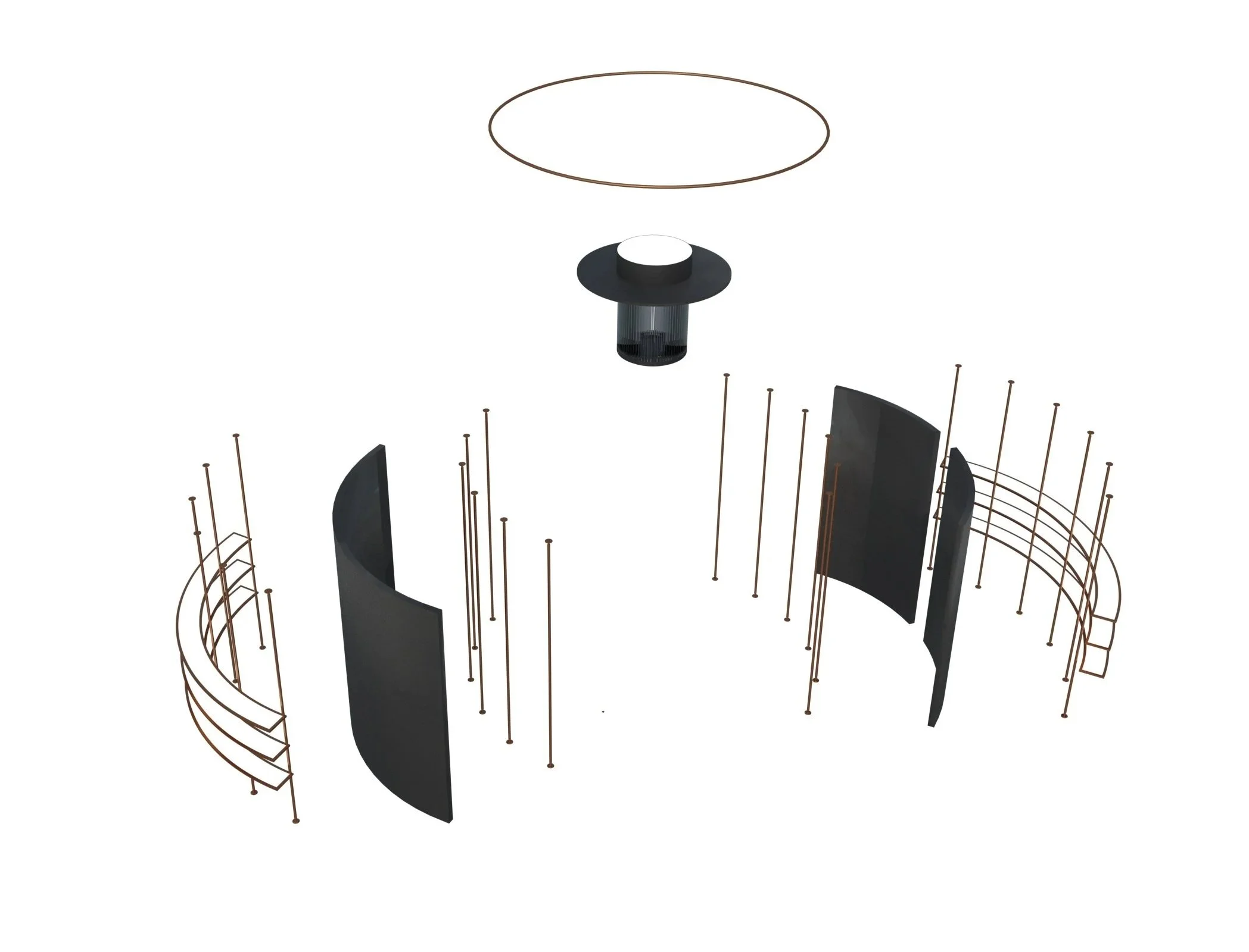 Exploded view of the circular architectural installation used in the Waterford Crystal concept store, showing panels, rods, and lighting.