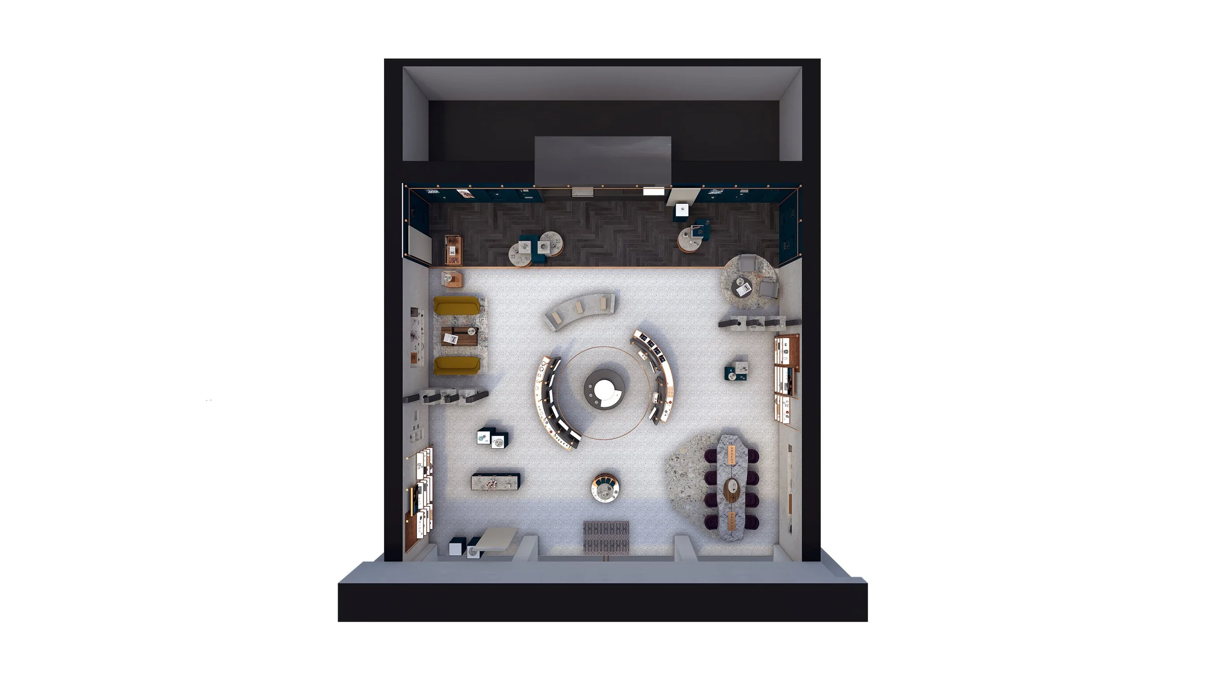 Isometric floor plan of the Waterford Crystal concept store showing central display, shelving zones, and customer circulation.