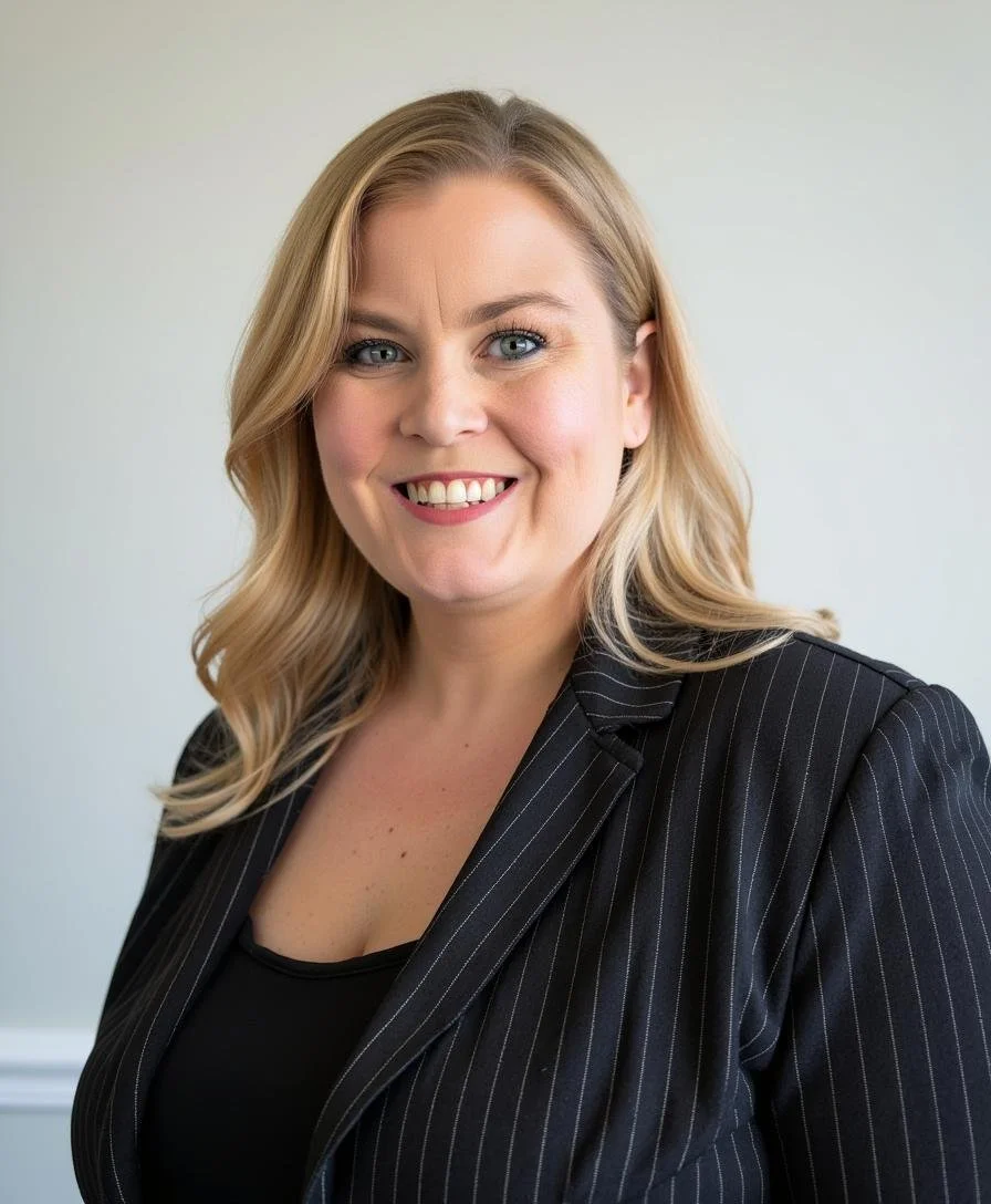A smiling woman with blonde hair wearing a black pinstripe blazer and a black top. She has blue eyes and is standing against a plain light-colored background.