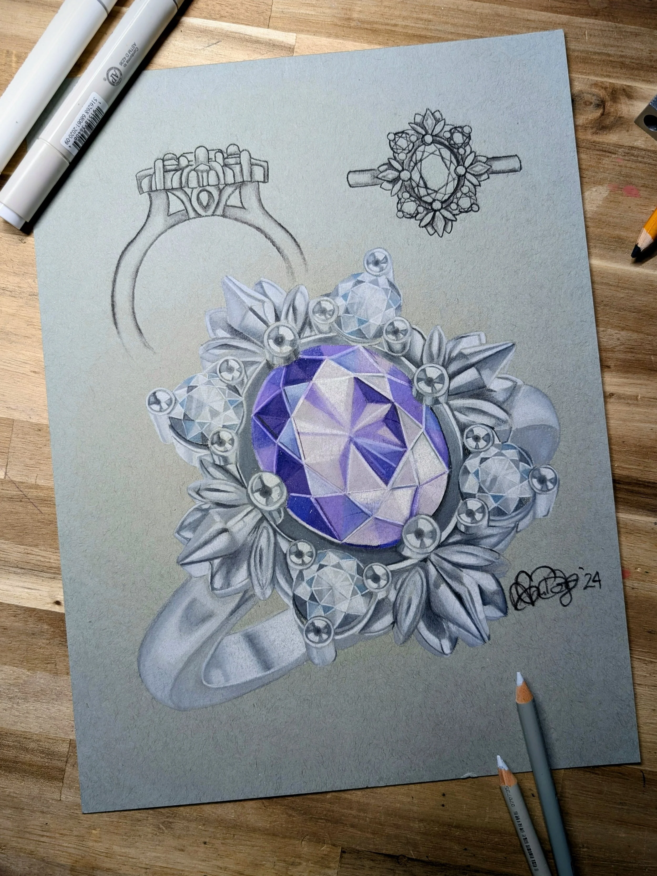 A colored drawing of a gemstone ring with a purple central stone, surrounded by smaller diamonds and leaves, accompanied by a detailed sketch of the ring and a jewelry design sketch.
